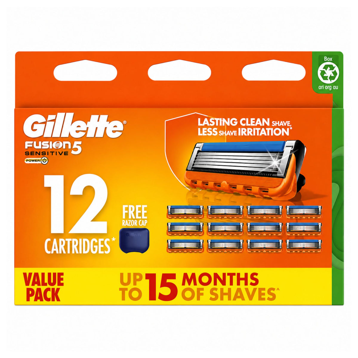 Gillette Fusion5 razor cartridge pack with 12 cartridges on an orange background