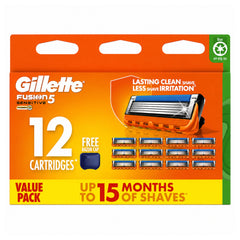Gillette Fusion5 razor cartridge pack with 12 cartridges on an orange background