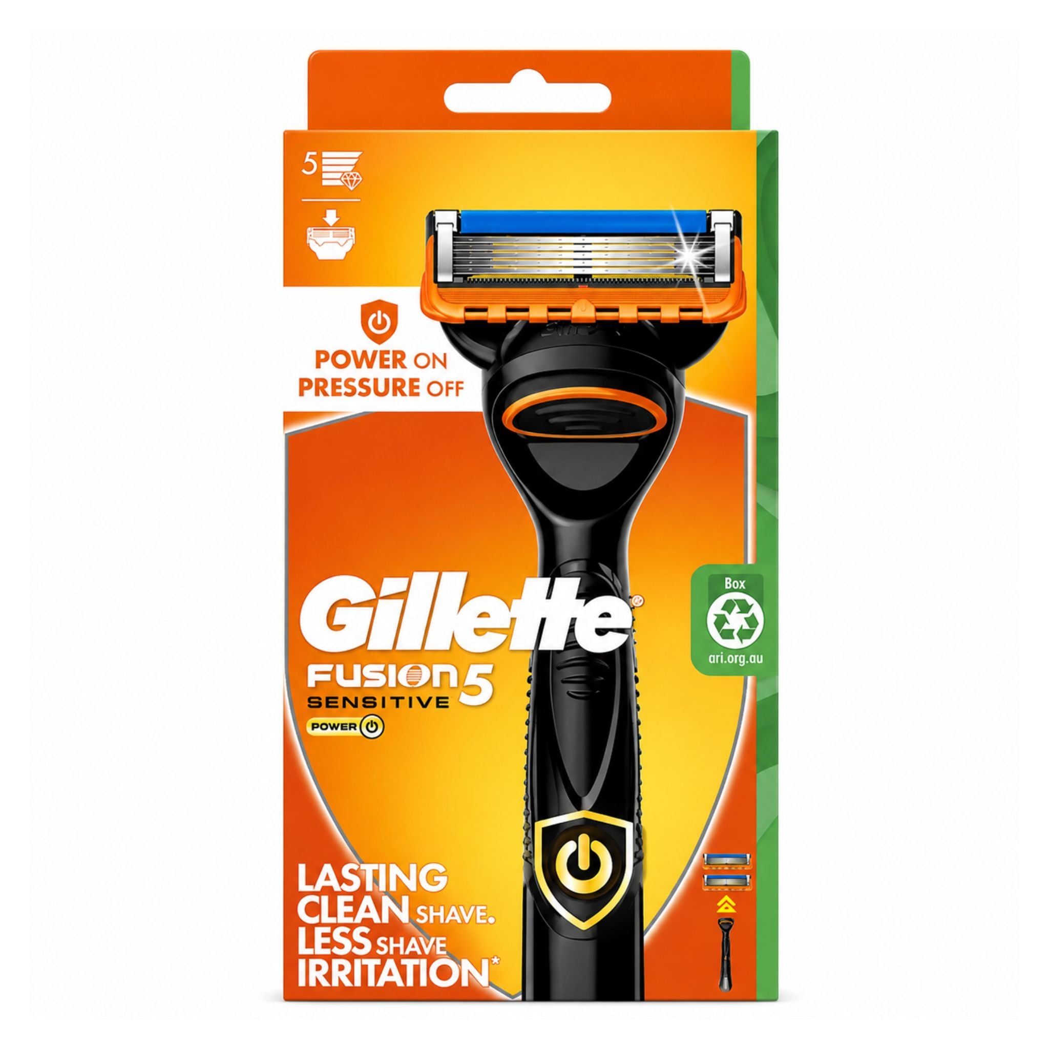 Gillette Fusion5 razor packaging with orange and black design on a white background