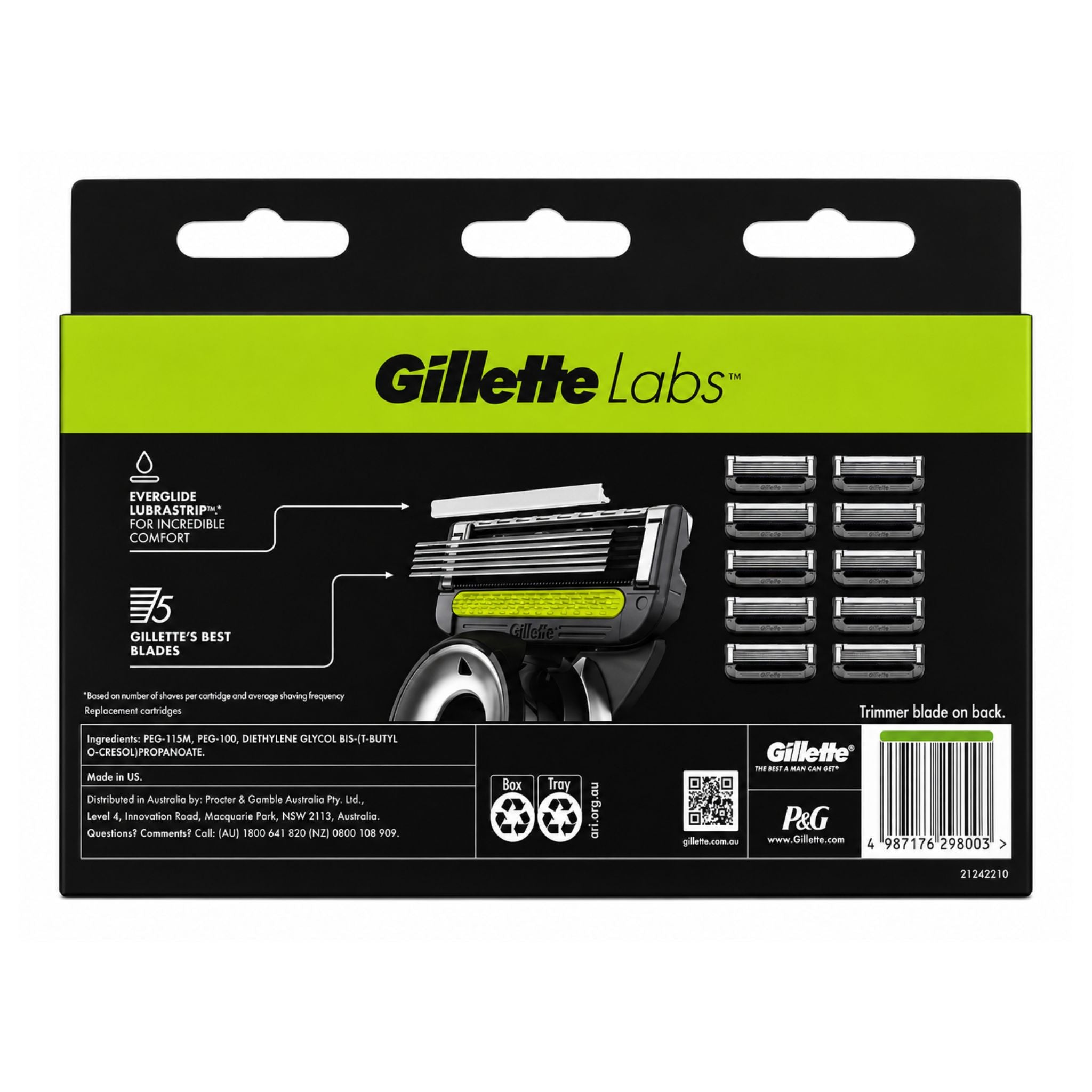 Back of Gillette Labs 10 cartridge razor refill value pack showing product features, blade technology details, ingredients, and barcode information.