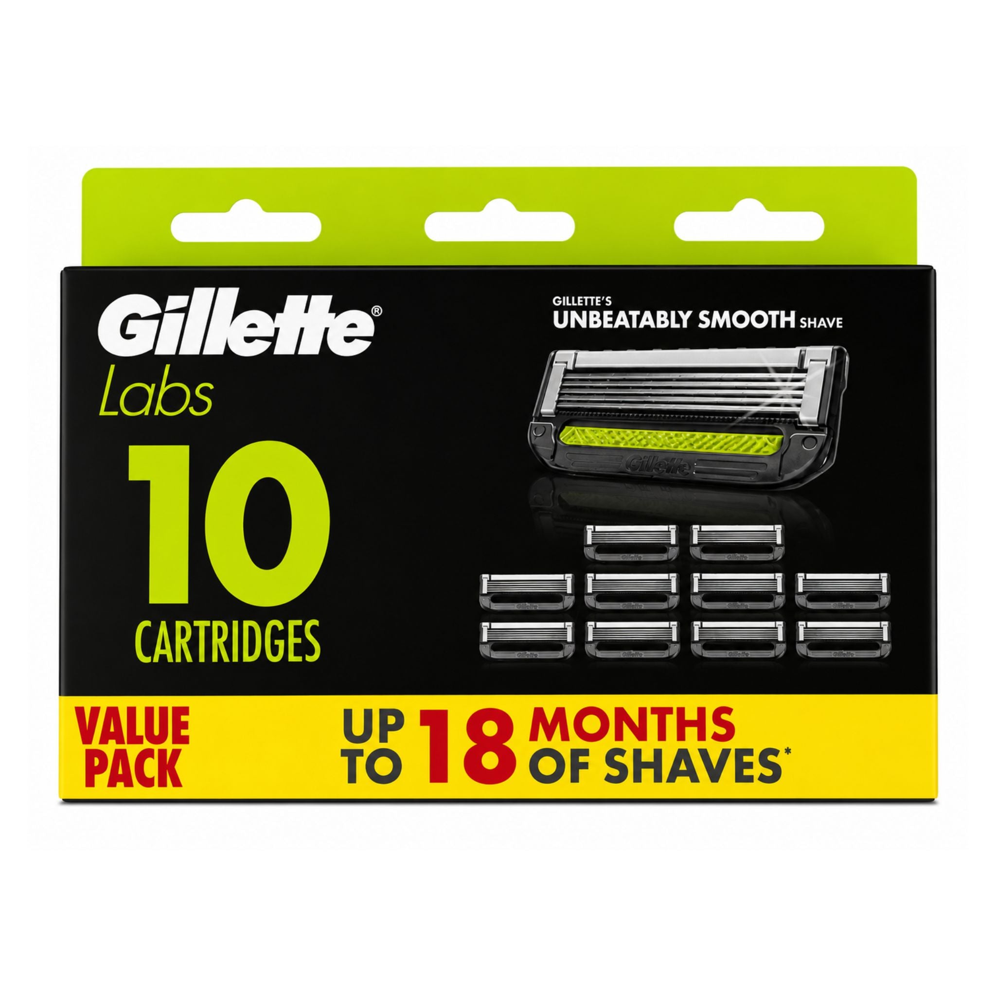 Gillette Labs shaving cartridge pack with 10 cartridges on a white background