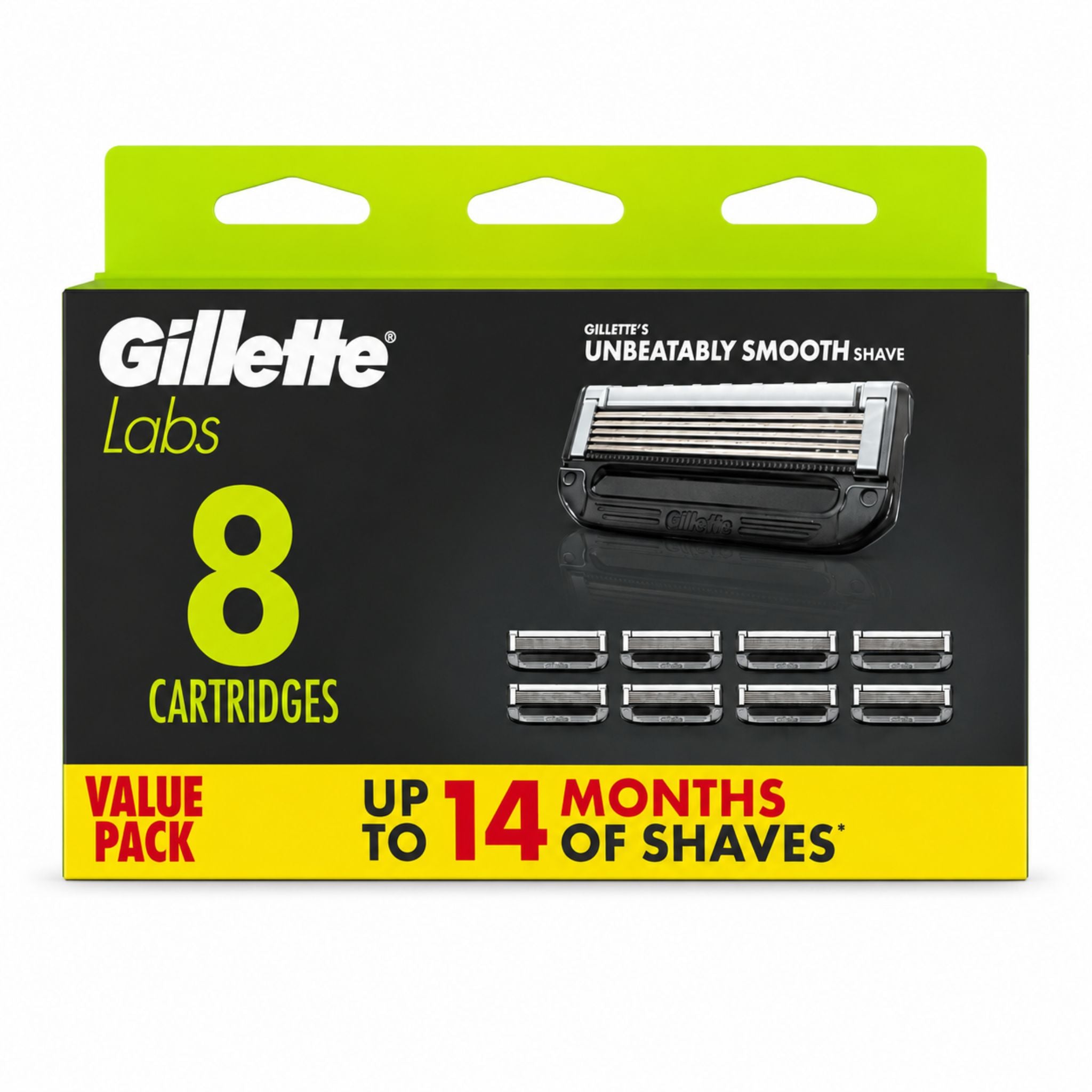 Gillette Labs 8-cartridge packaging with a black and yellow design.