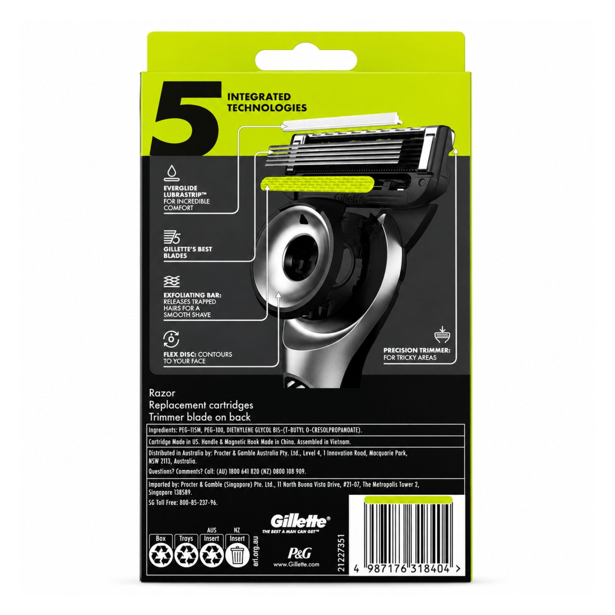 Gillette razor replacement cartridge packaging with green and black design