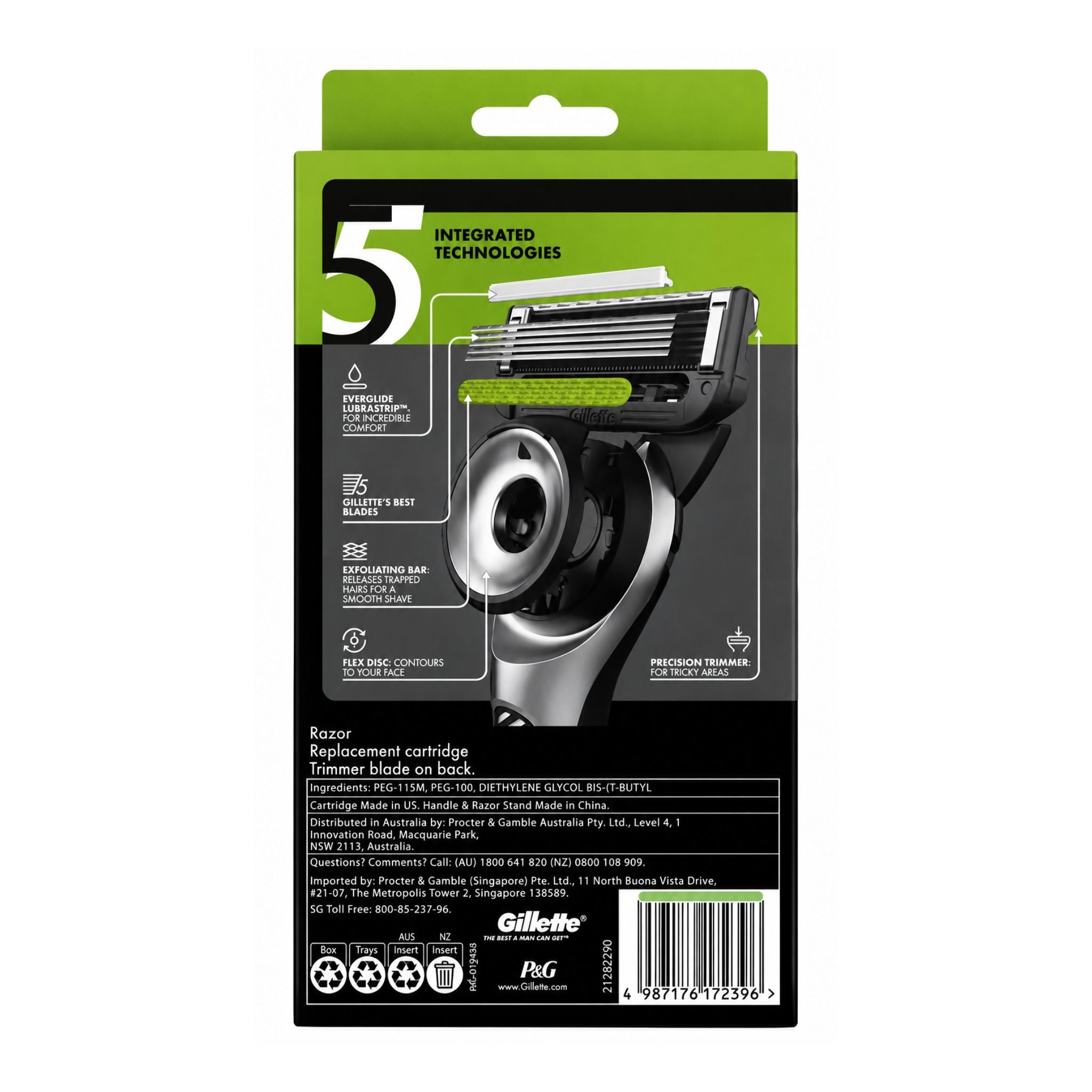 Gillette razor replacement cartridge packaging with green and black design on a white background