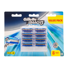 Front view of Gillette Mach3 Turbo Razor Cartridges 8 Pack packaging