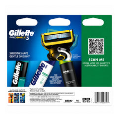 Gillette ProShield5 shaving product packaging with a QR code on a white background