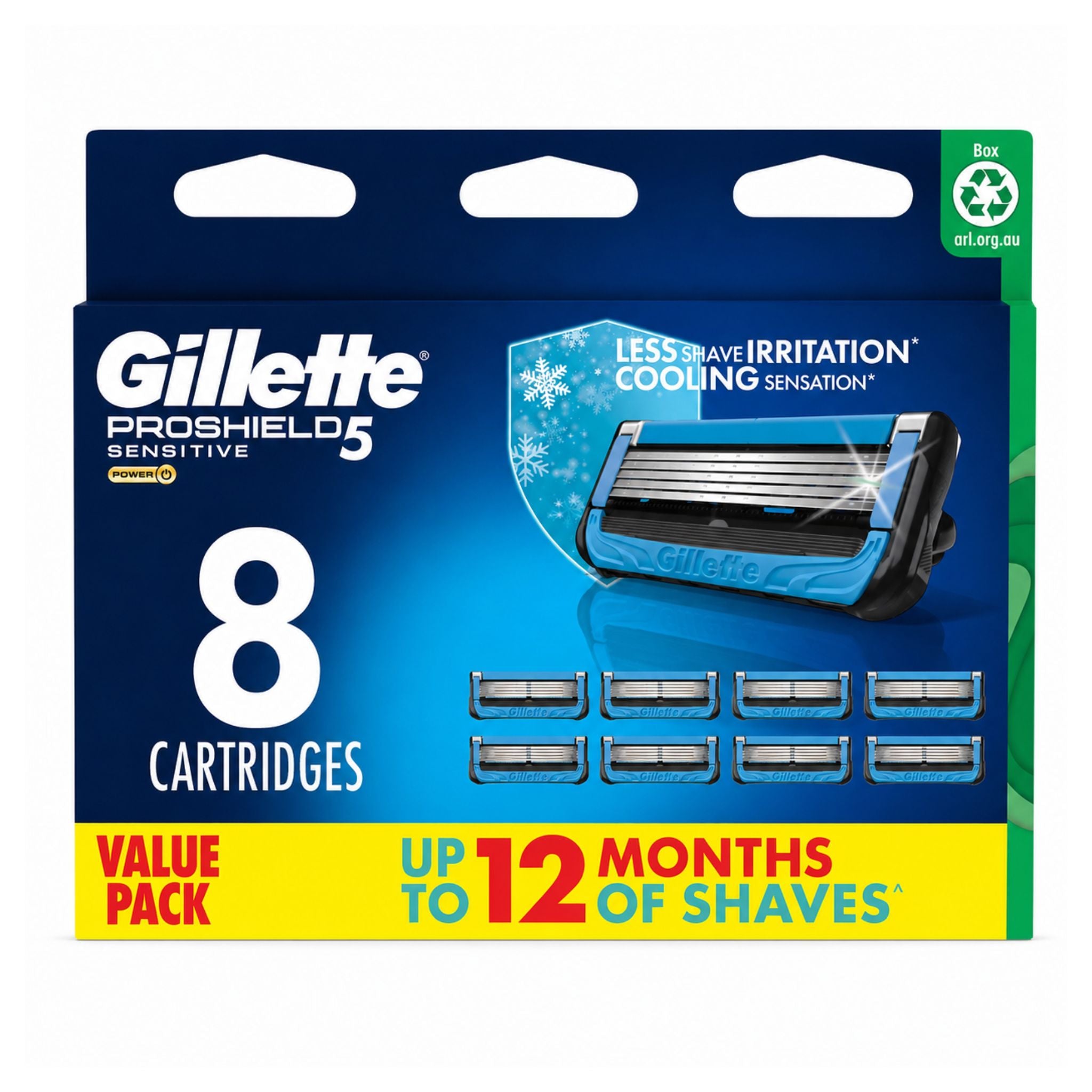Packaging of Gillette ProShield5 sensitive razors with 8 cartridges on a white background