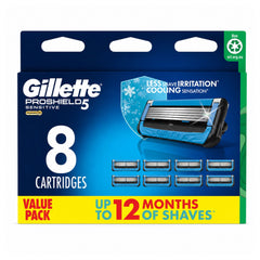 Packaging of Gillette ProShield5 sensitive razors with 8 cartridges on a white background
