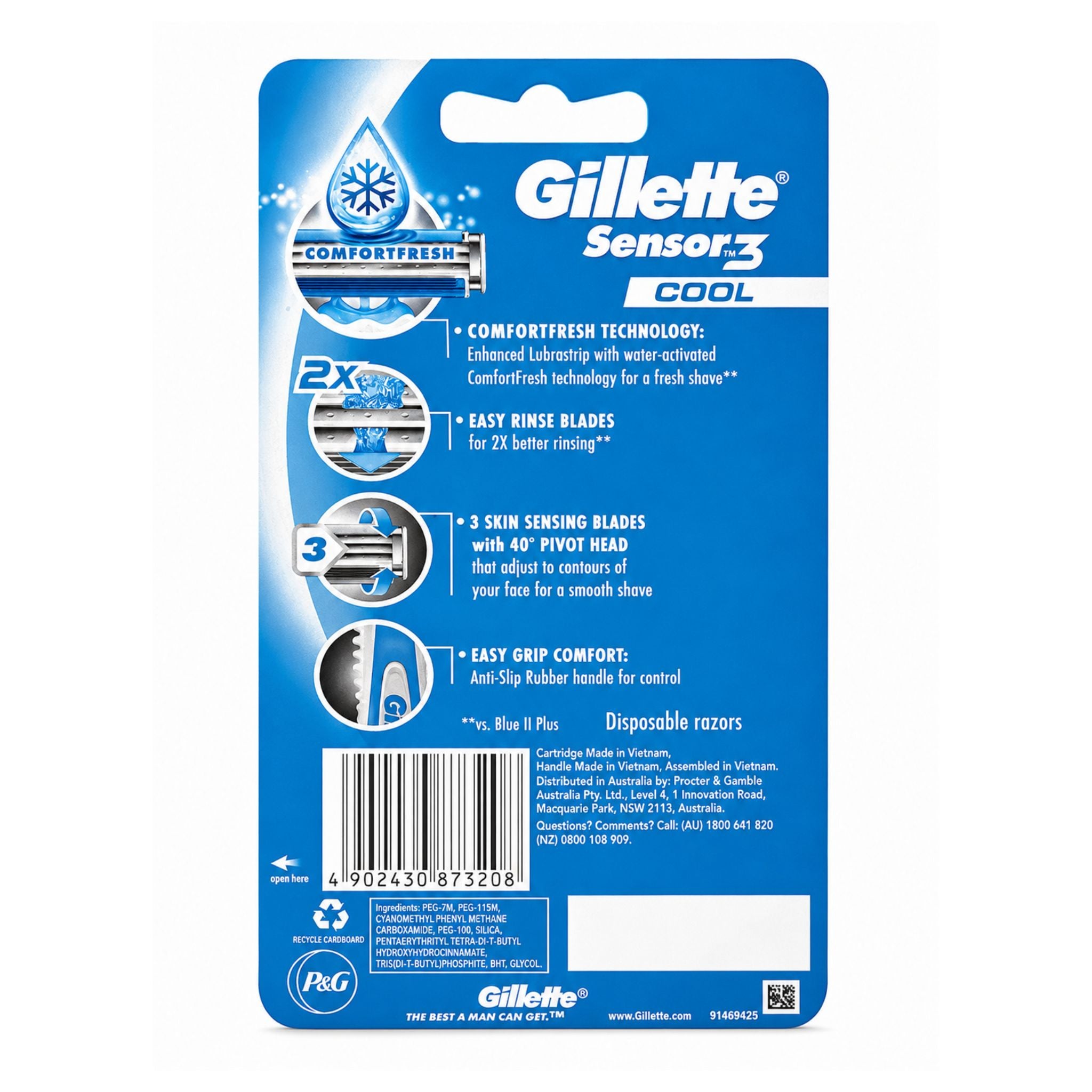 Gillette Sensor 3 Cool disposable razors retail packaging card, showing the back side with product features, blade graphics, barcode, and logos on a blue background.