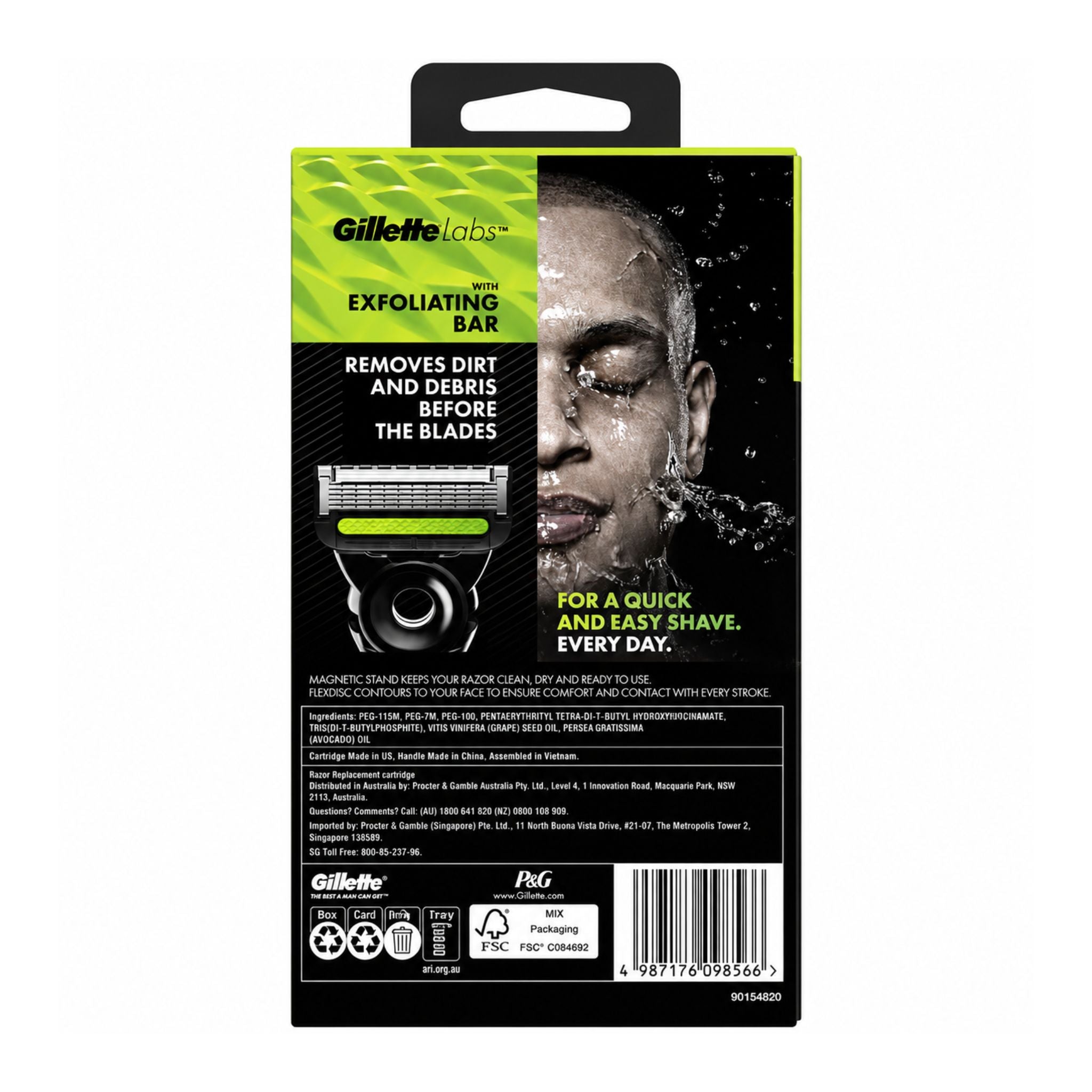 Gillette Labs Exfoliating Bar packaging with a man's face and product details.