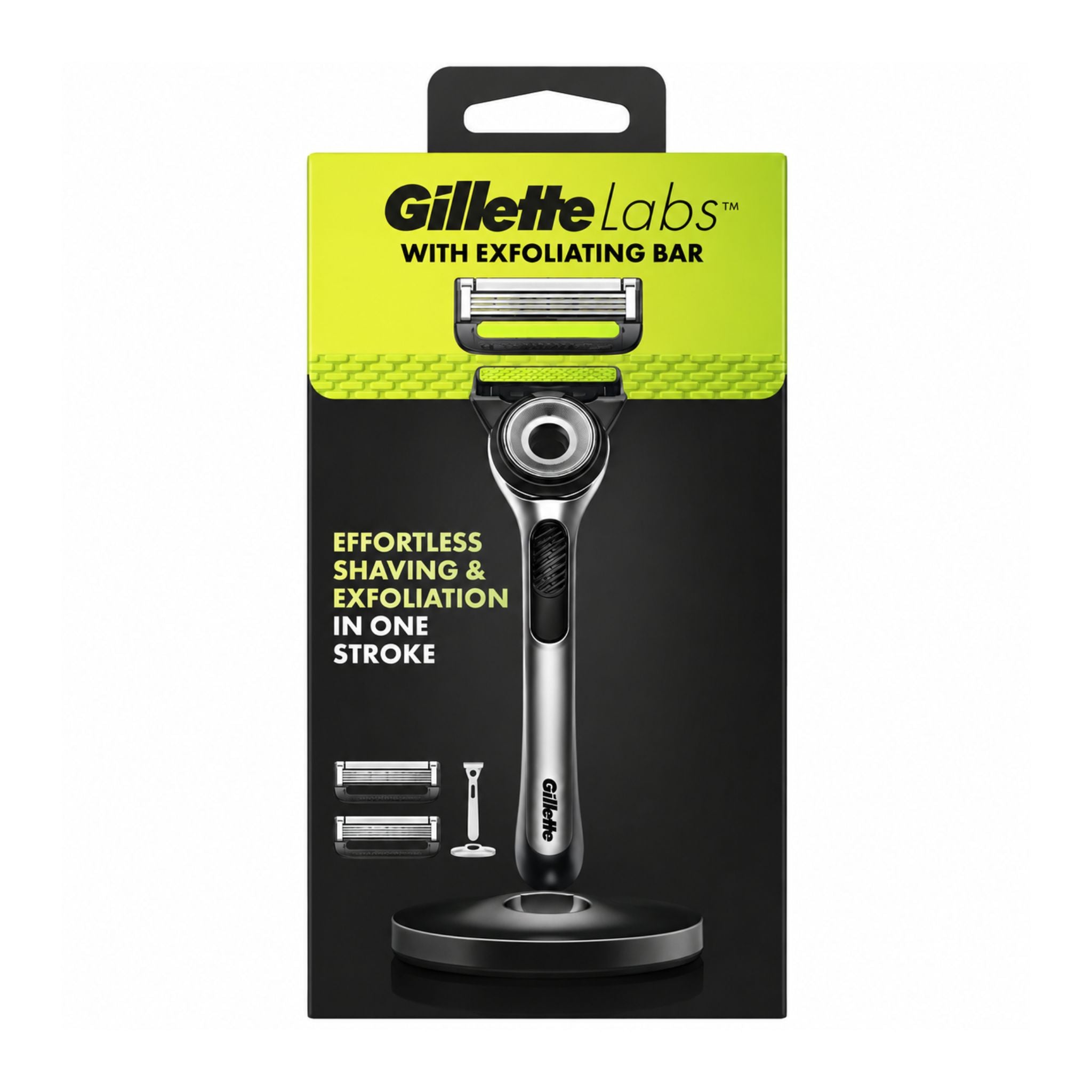 Gillette Labs shaving system packaging with black and green design.