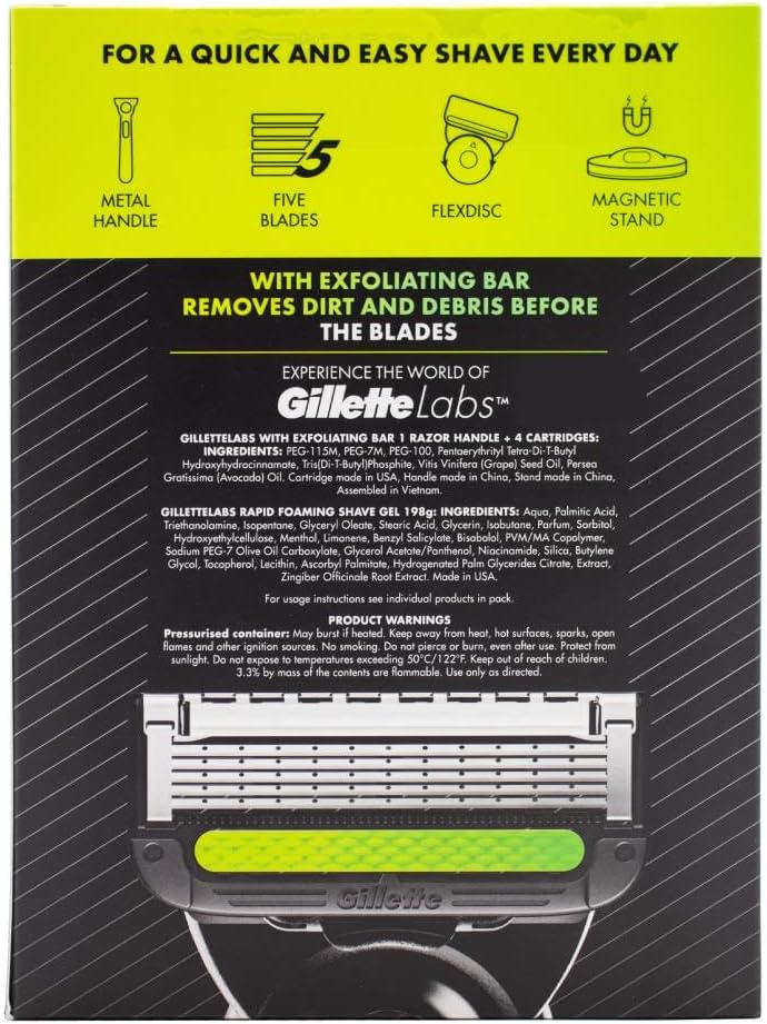 Back of GilletteLabs Exfoliating Razor Kit box highlighting product features and specifications.