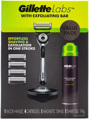 Packaging for Gillette Labs with Exfoliating Bar, featuring the razor handle, four cartridges, magnetic stand, and shaving gel.