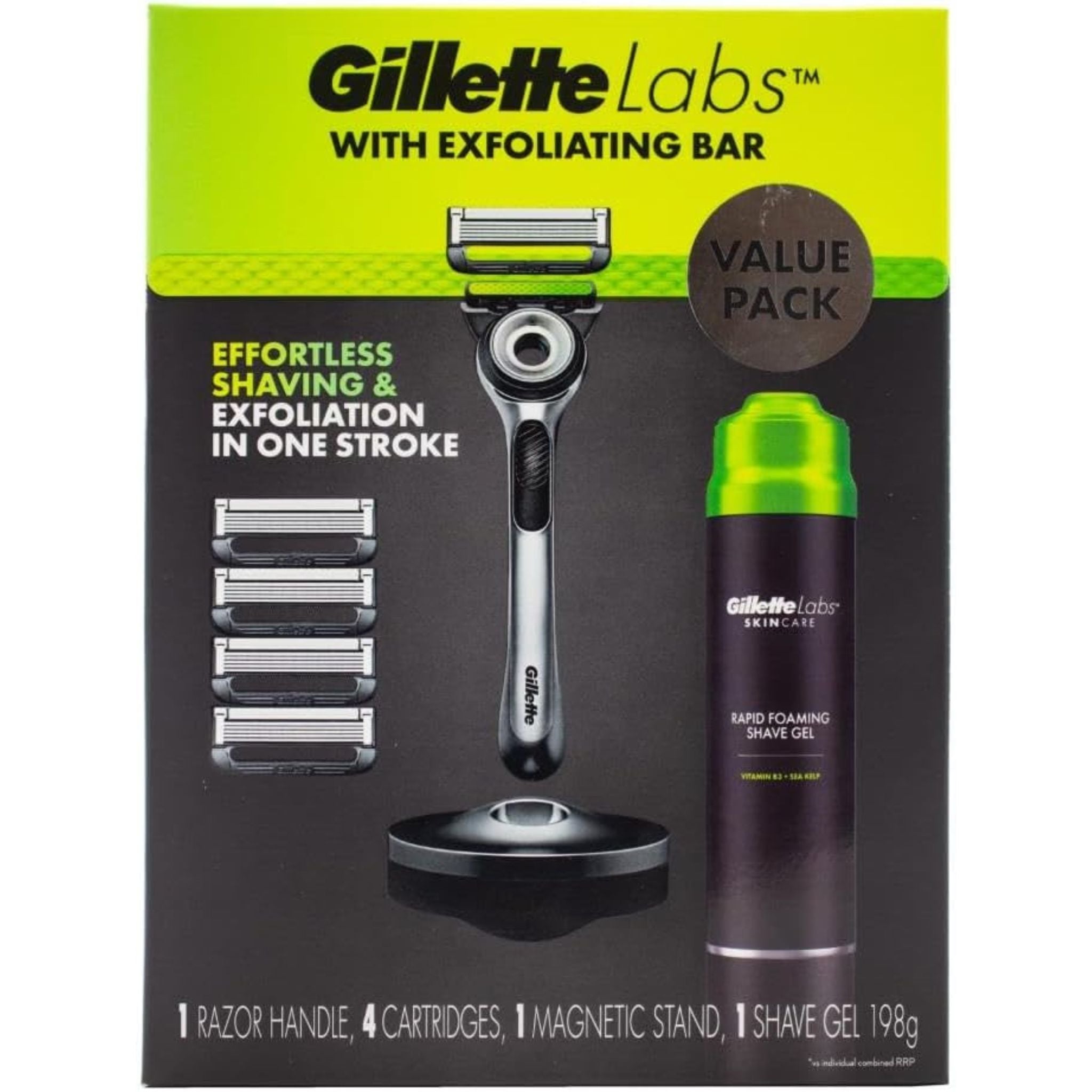 Front view of GilletteLabs Exfoliating Razor Kit with magnetic stand, 4 blade refills and shave gel value pack
