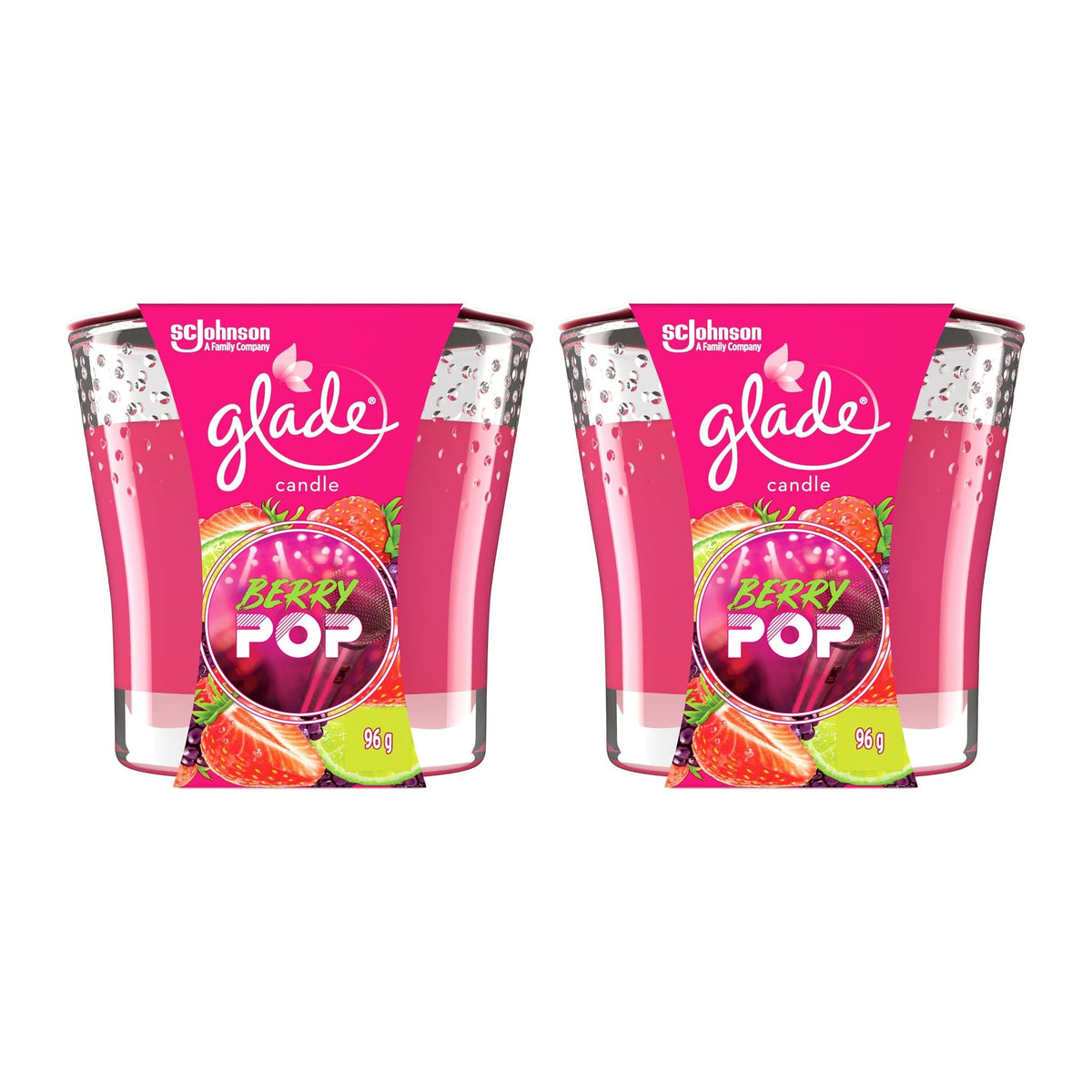 Two Glade Berry Pop candles on a white background