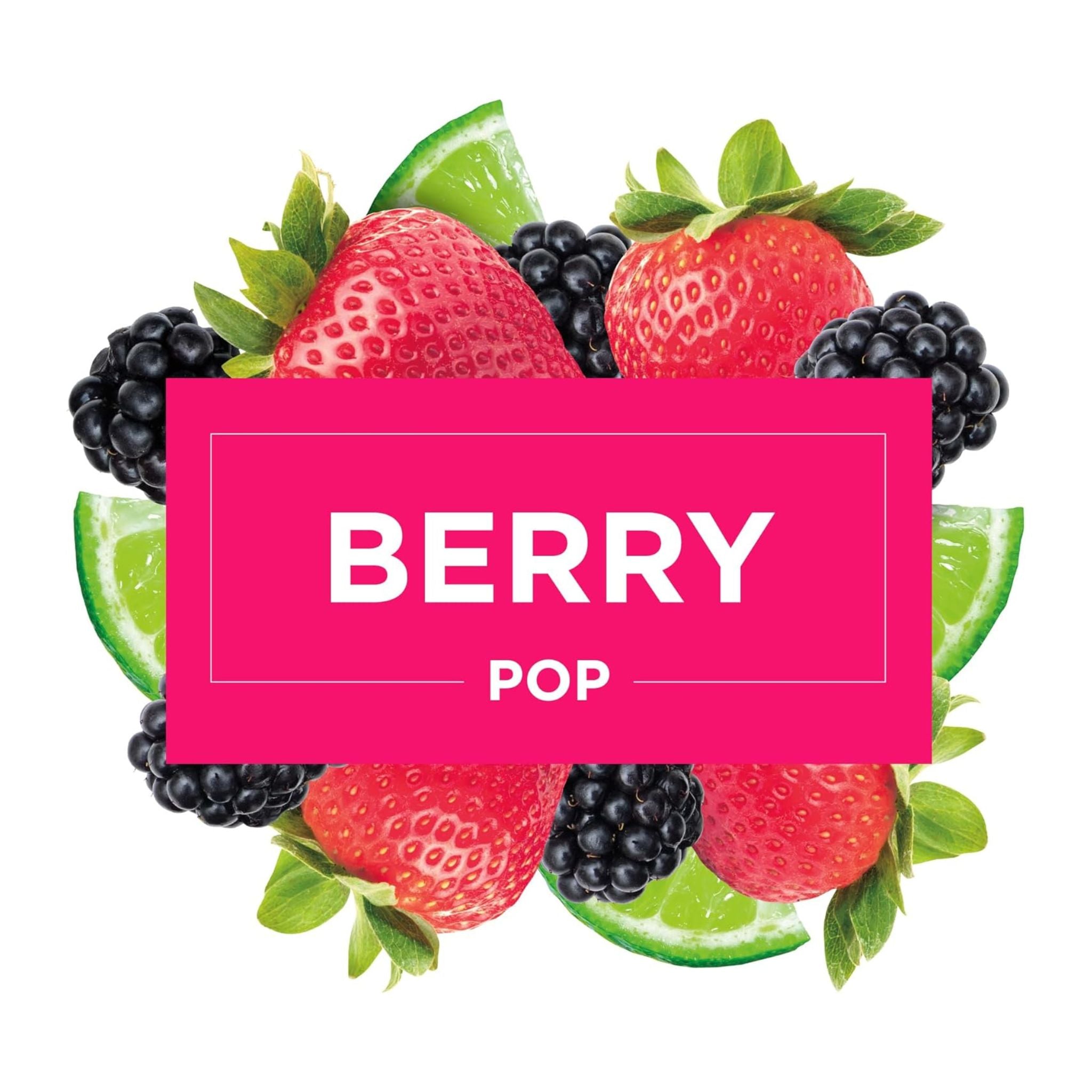 Fruit-themed product packaging with strawberries, blackberries, and limes around a pink label reading 'Berry Pop'.