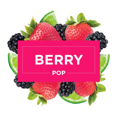 Fruit-themed product packaging with strawberries, blackberries, and limes around a pink label reading 'Berry Pop'.