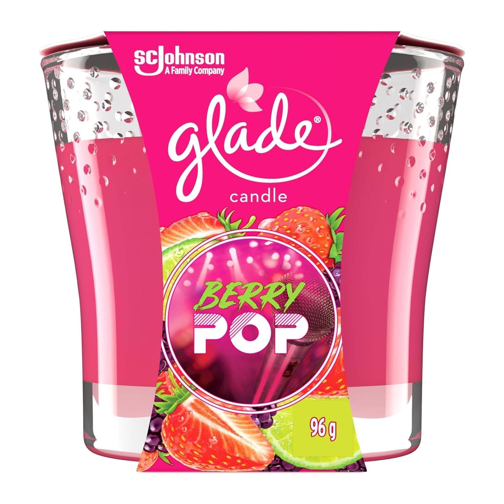 Glade Berry Pop candle packaging with pink label and fruit illustration on a white background
