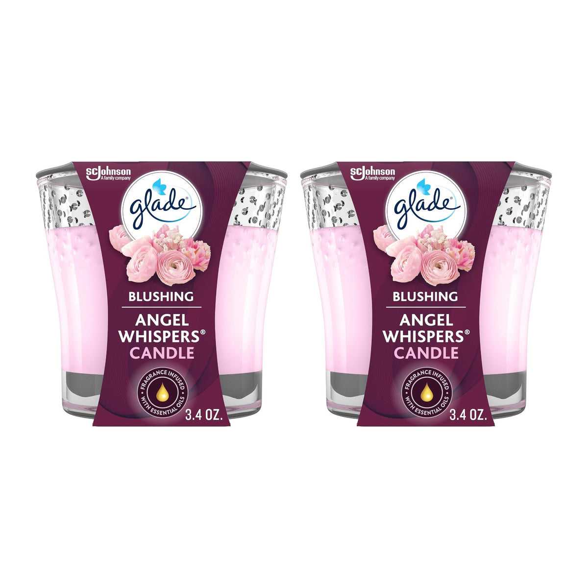 Two Glade Blushing Angel Whispers candles on a white background