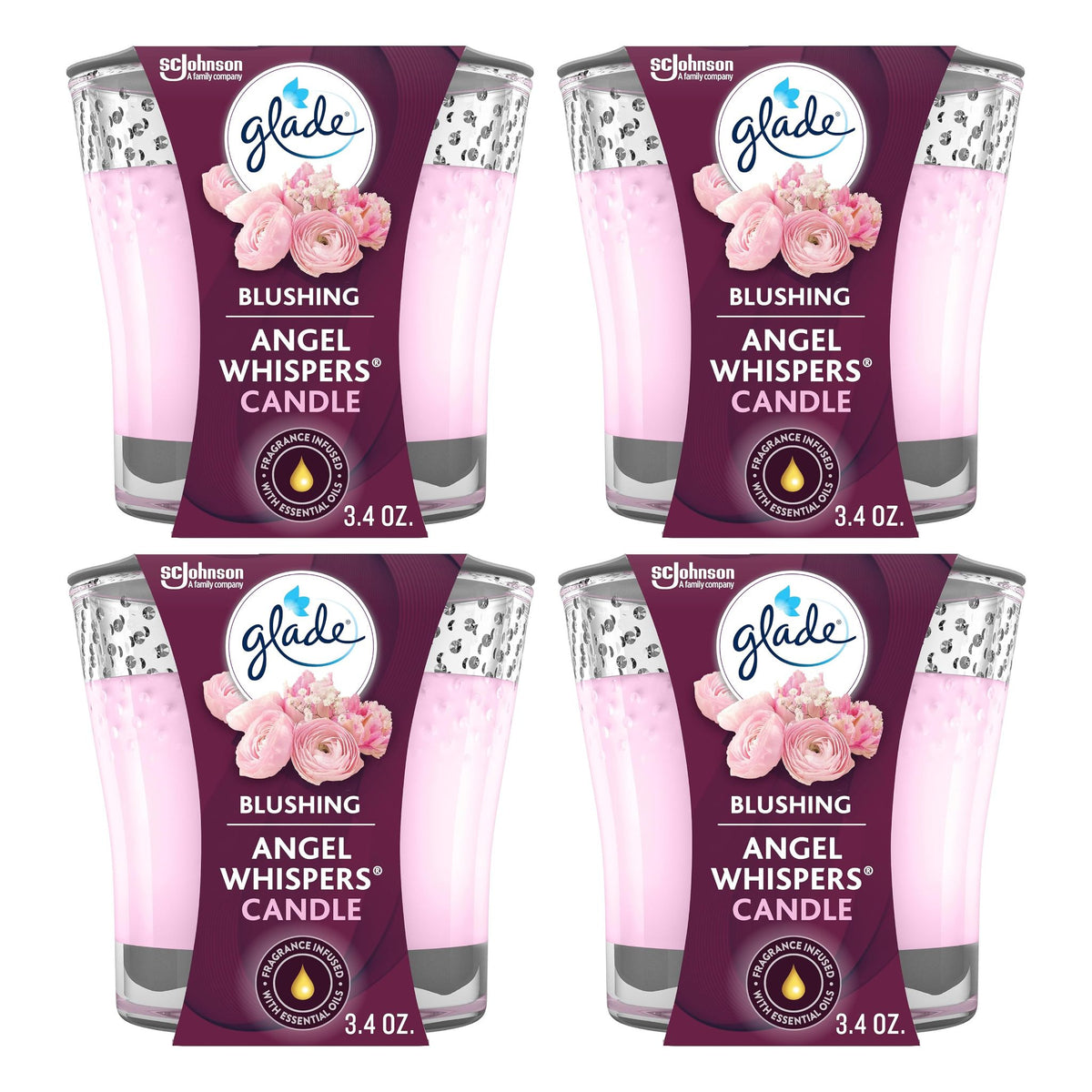Four Glade Blushing Angel Whispers candles on a white background