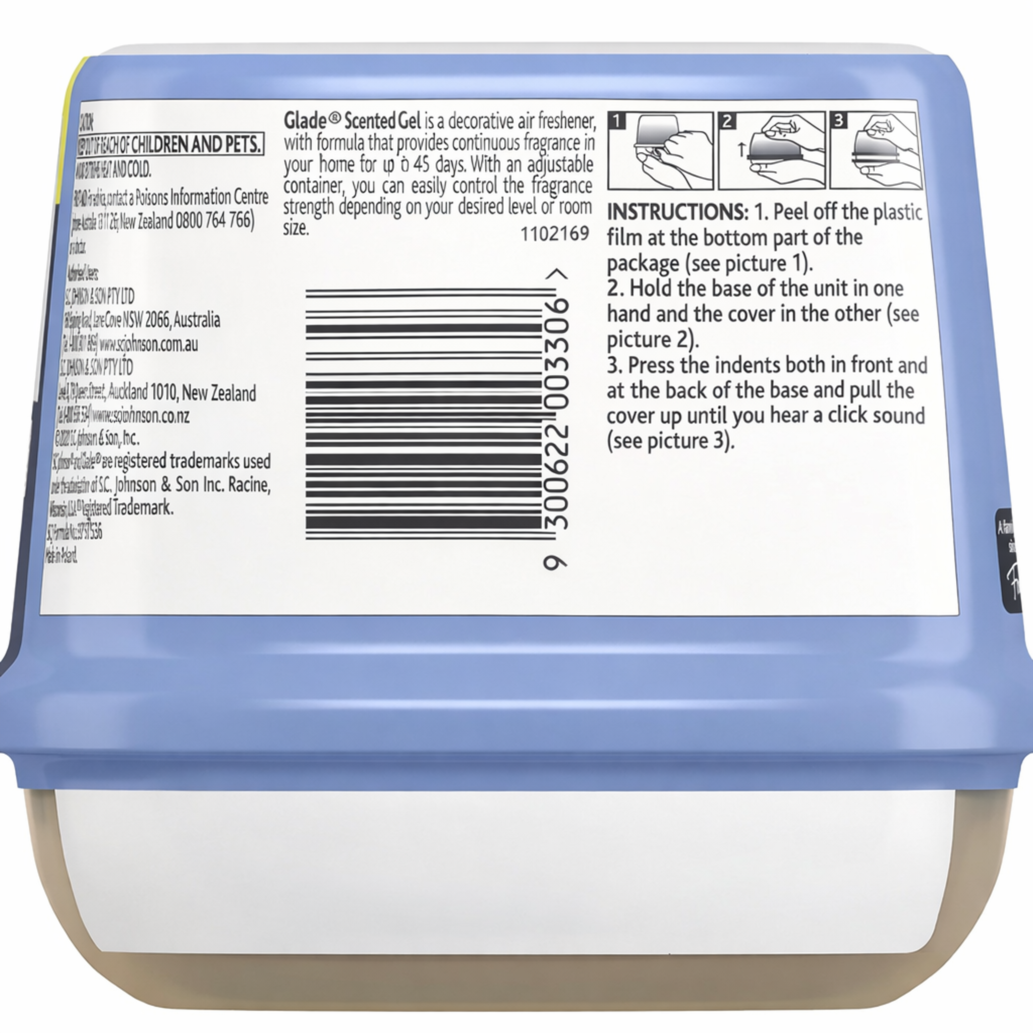 Back of a Glade scented gel container with label and instructions.