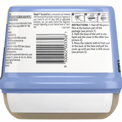 Back of a Glade scented gel container with label and instructions.