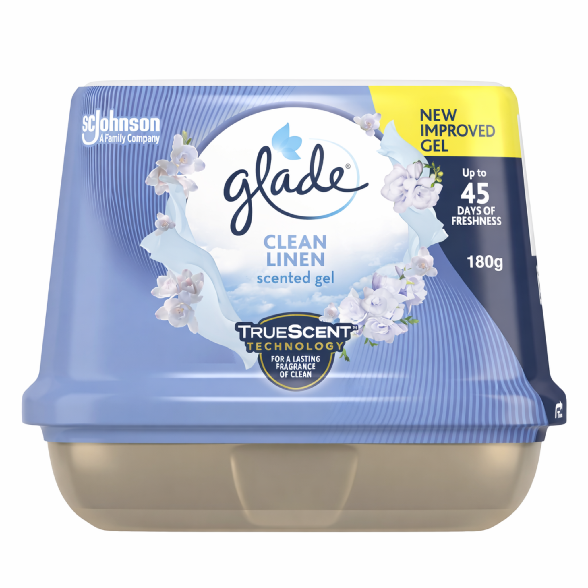 Glade Clean Linen scented gel packaging on a white background