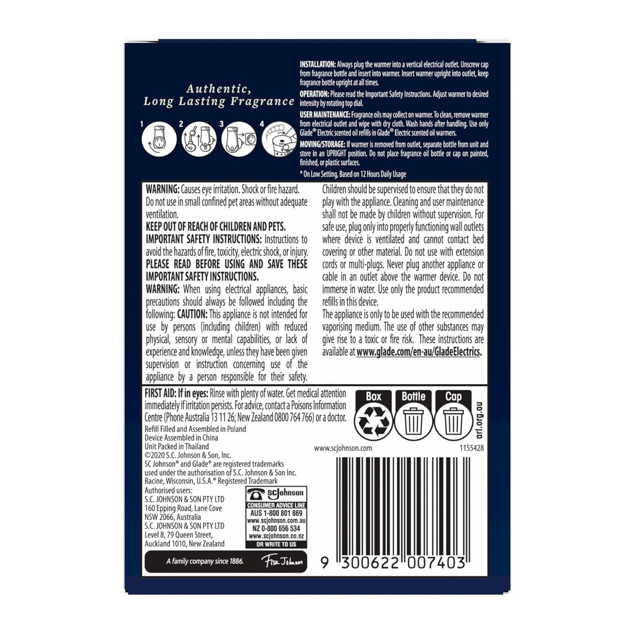 Back label of a product with text, symbols, and a barcode on a white background