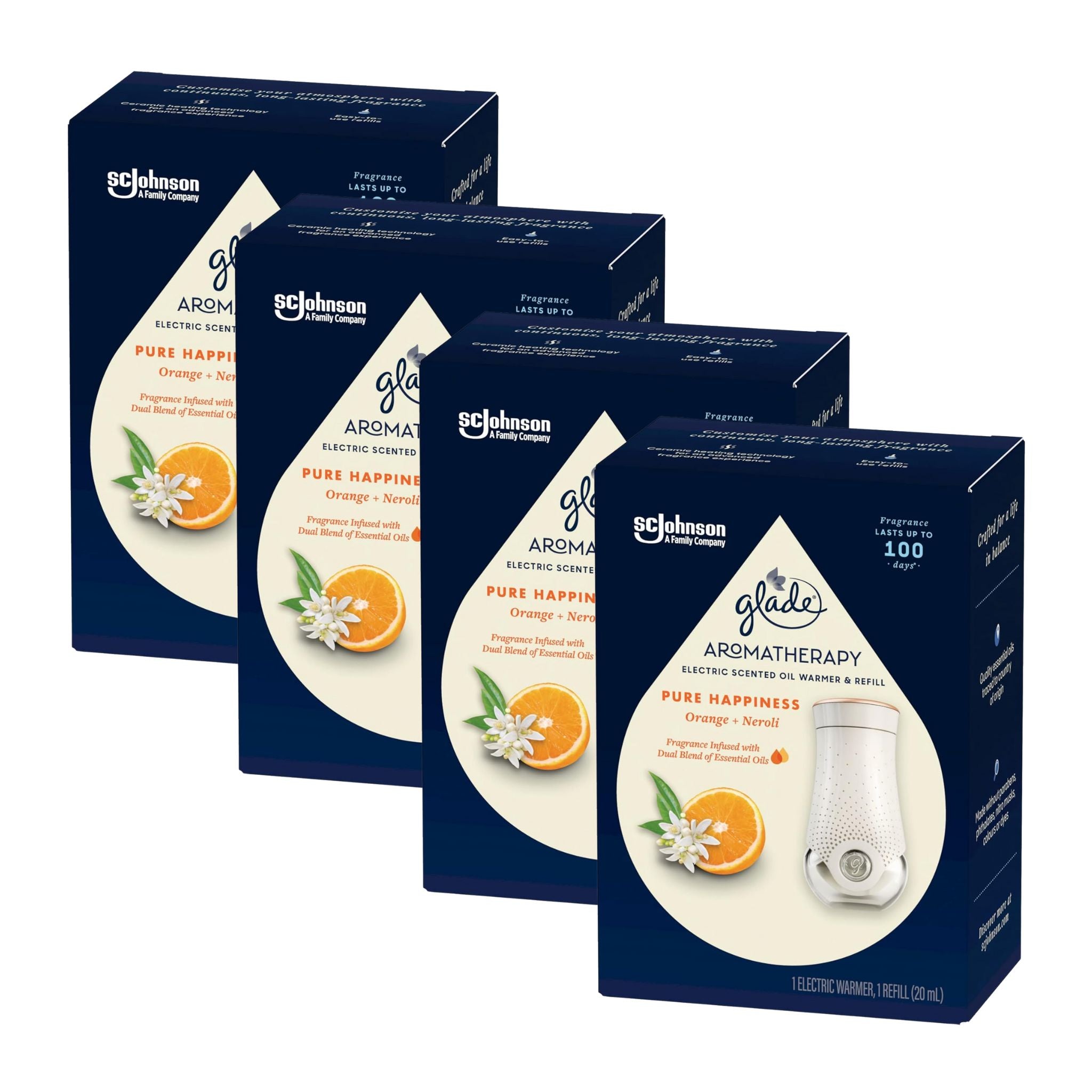 Multiple boxes of Glade Aromatherapy Pure Happiness diffusers on a white background
