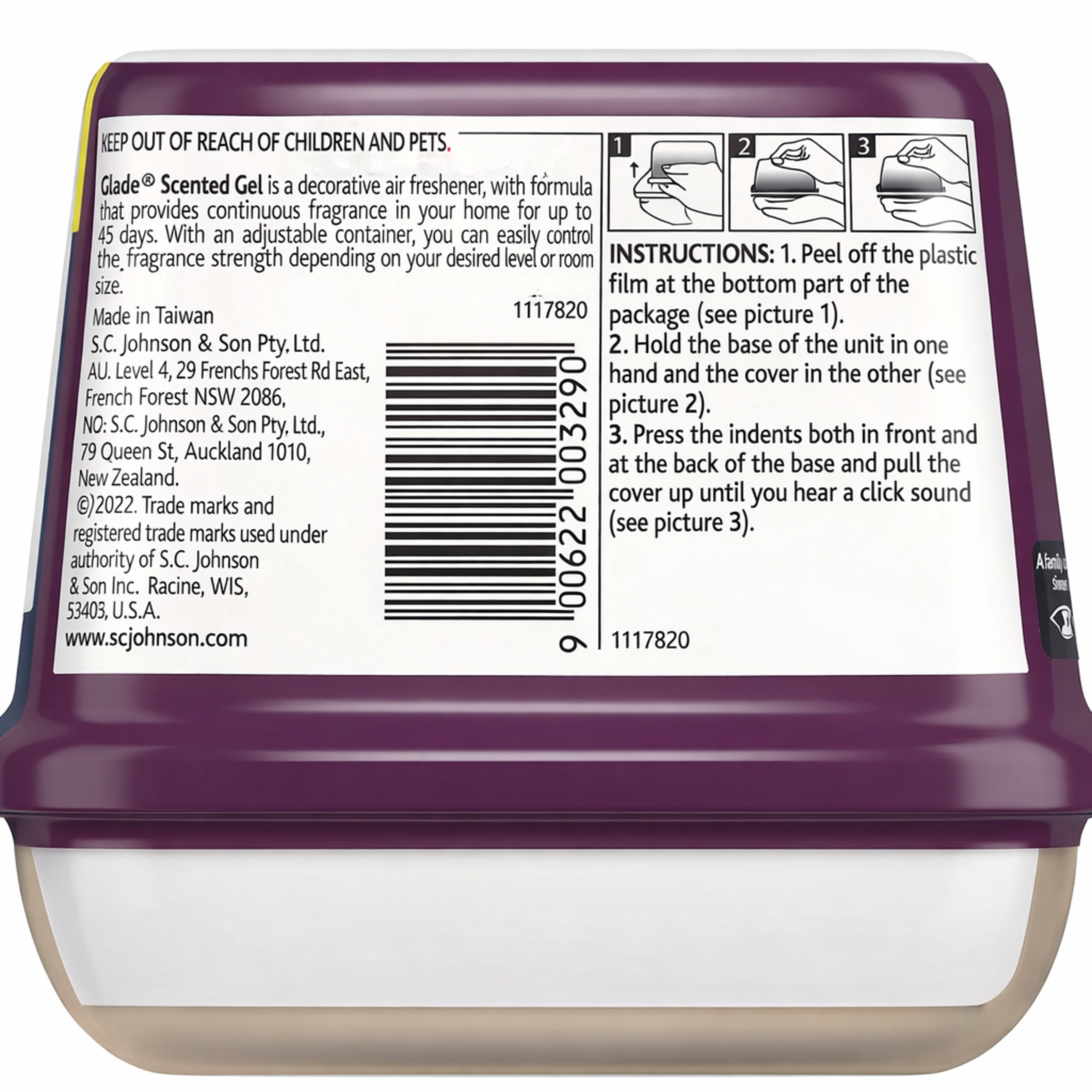 Back of a scented gel container with instructions and branding details.