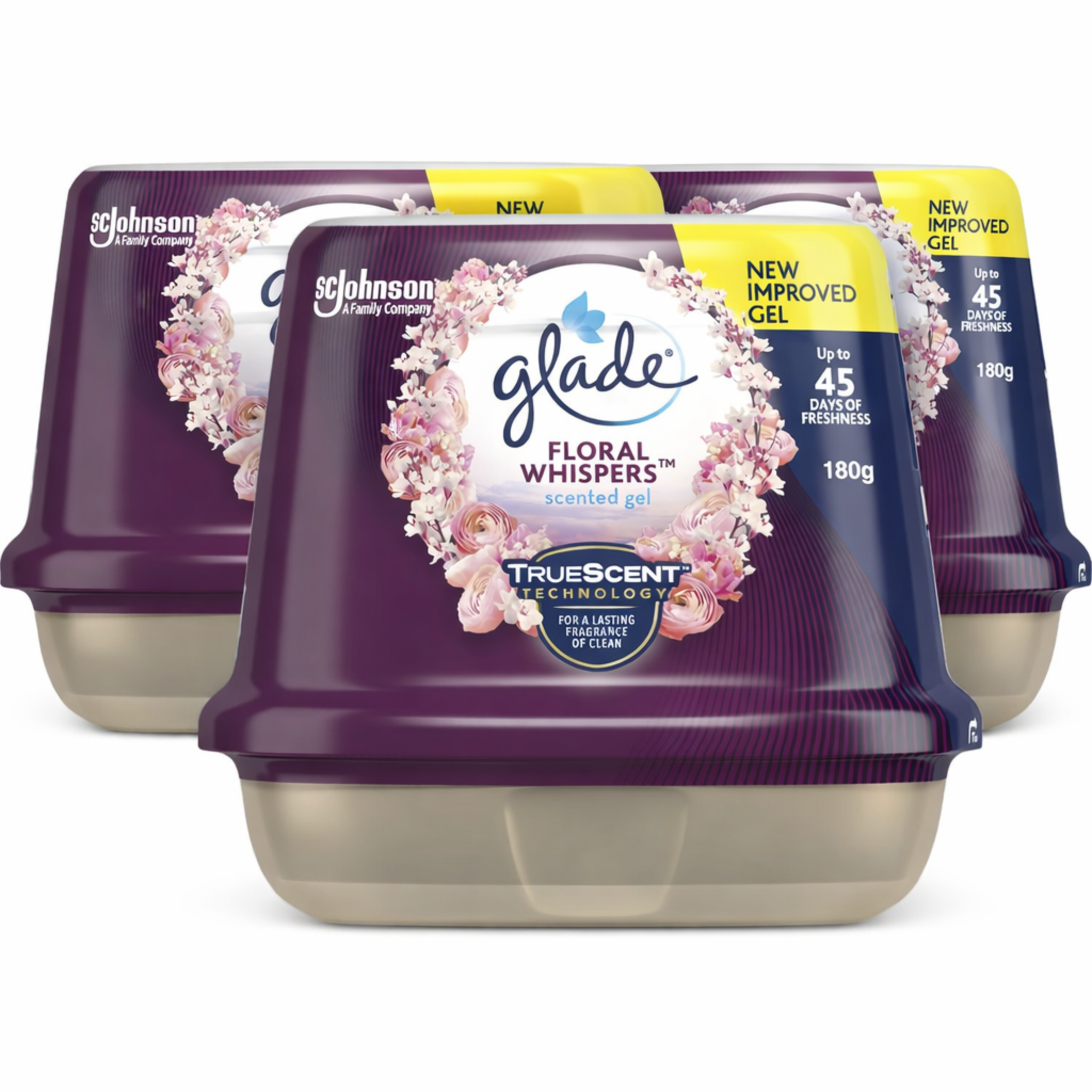 Three containers of Glade Floral Whispers scented gel on a white background