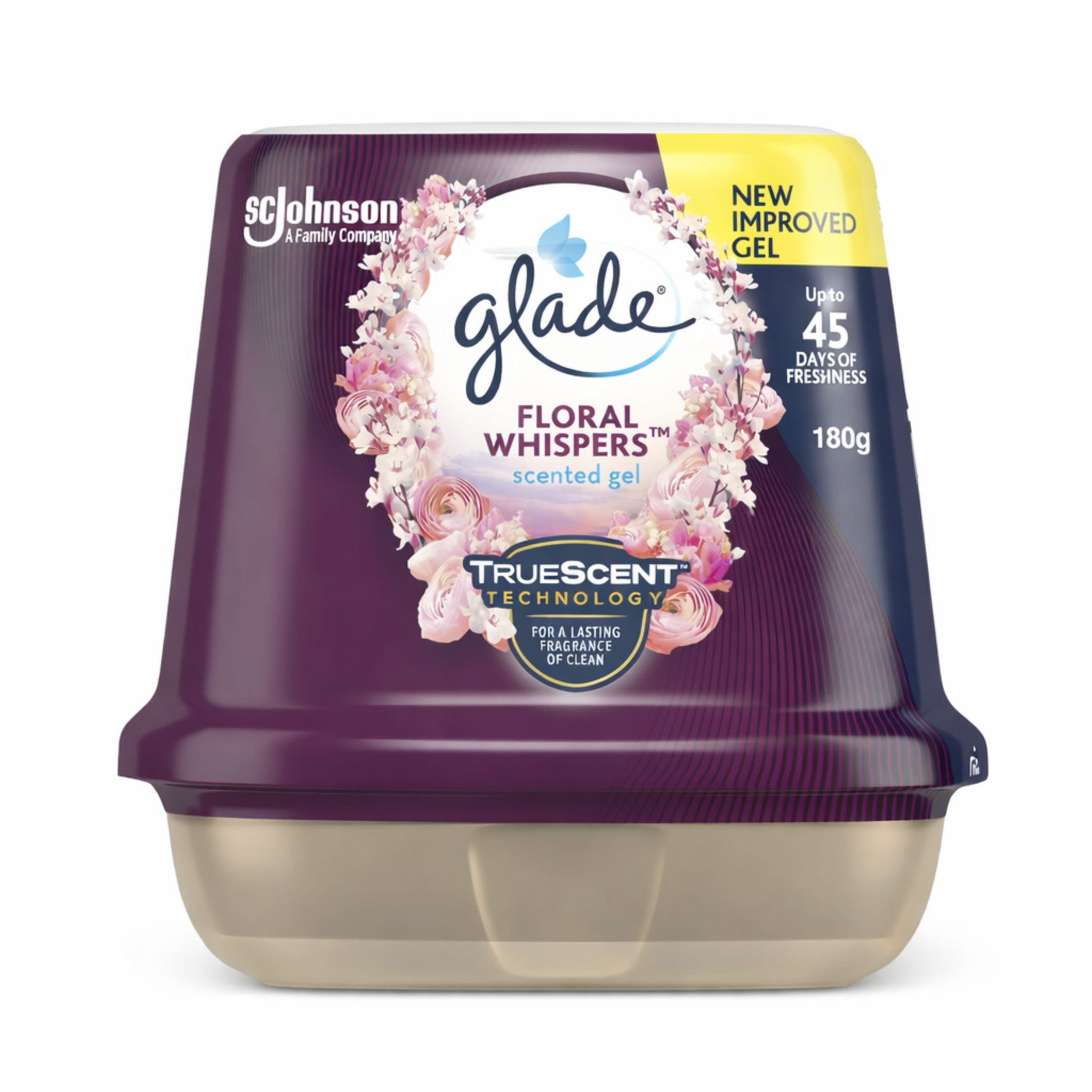 Glade Floral Whispers scented gel packaging on a white background