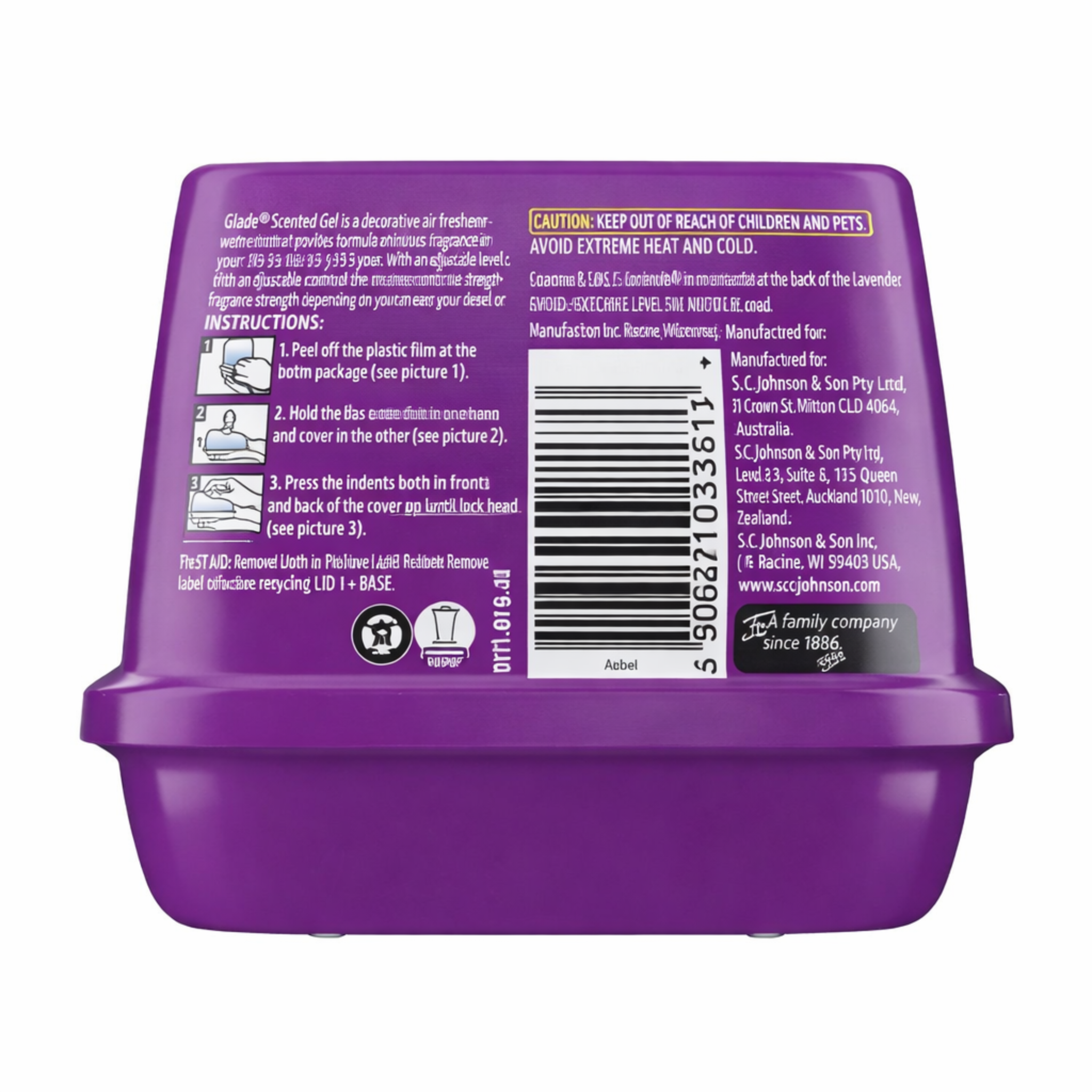 Purple container with text and a barcode on a white background