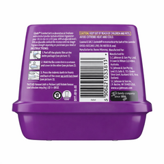 Purple container with text and a barcode on a white background