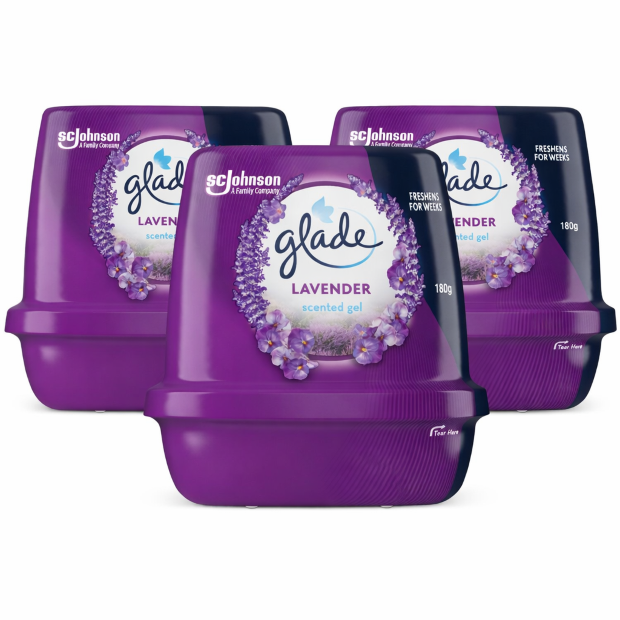 Three containers of Glade Lavender scented gel on a white background