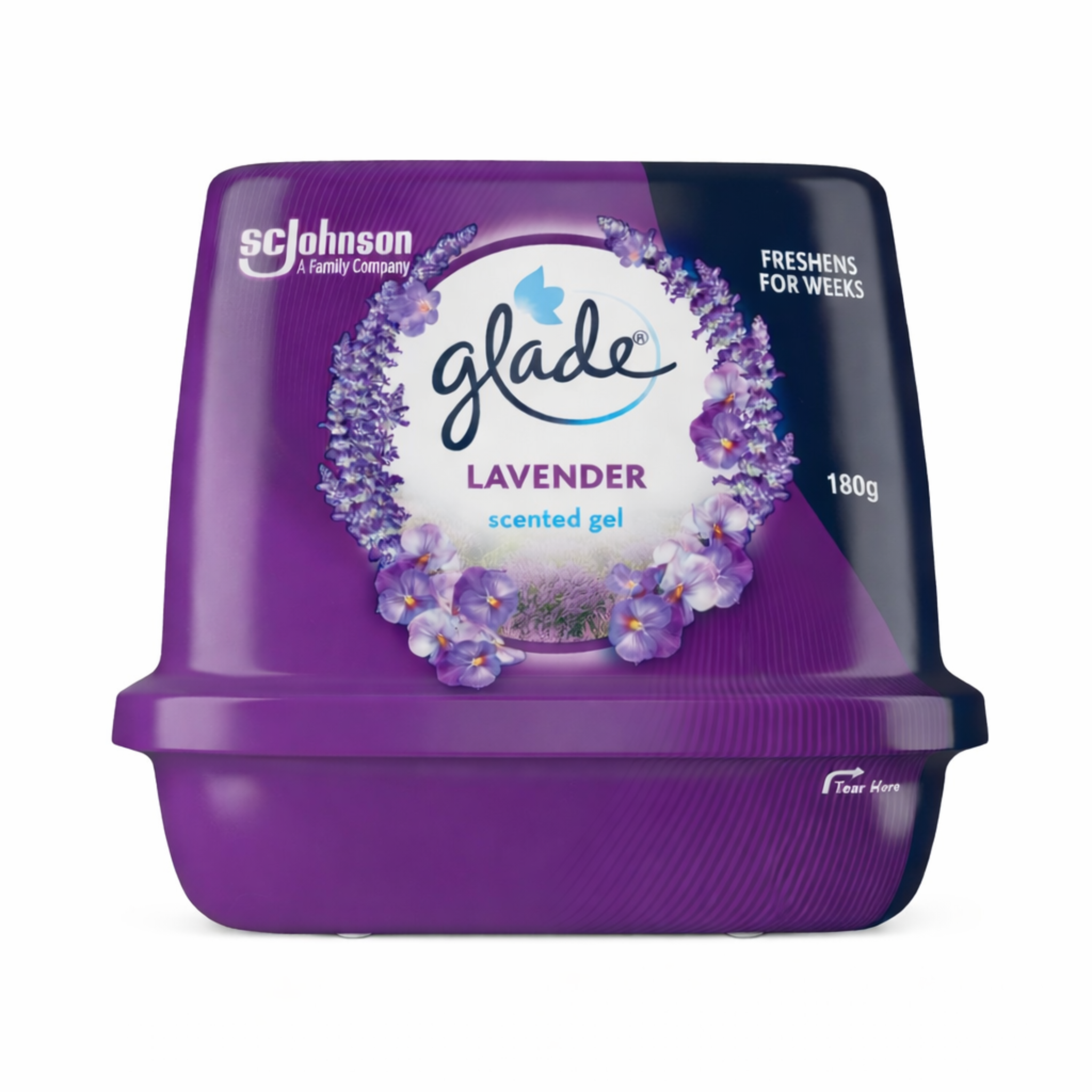 Purple container of Glade Lavender scented gel with brand logo on a white background