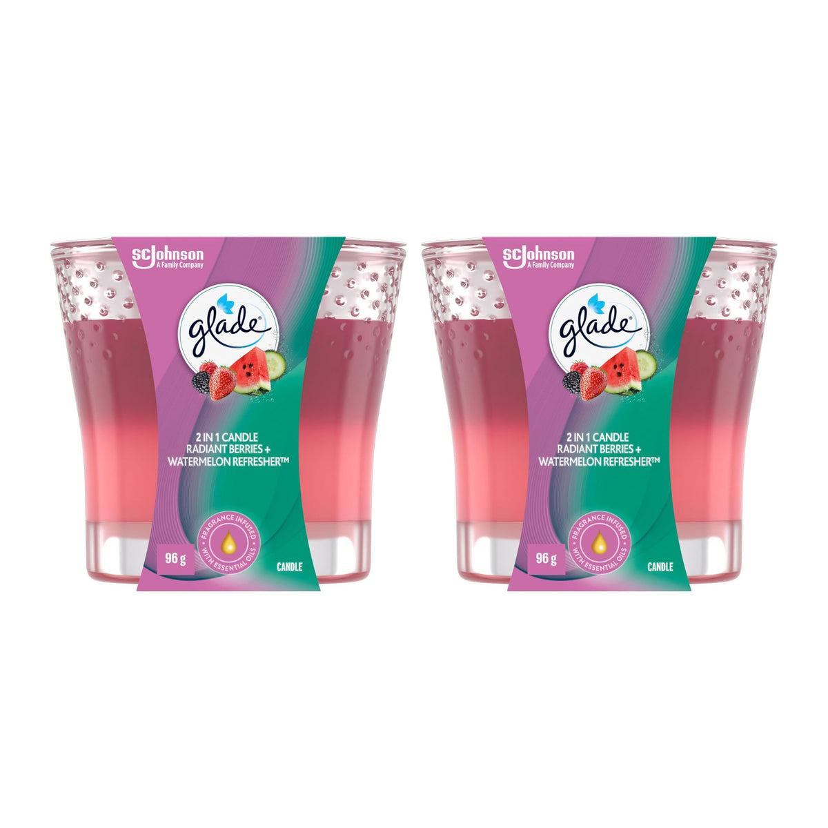 Two Glade candles with berry and watermelon flavor on a white background
