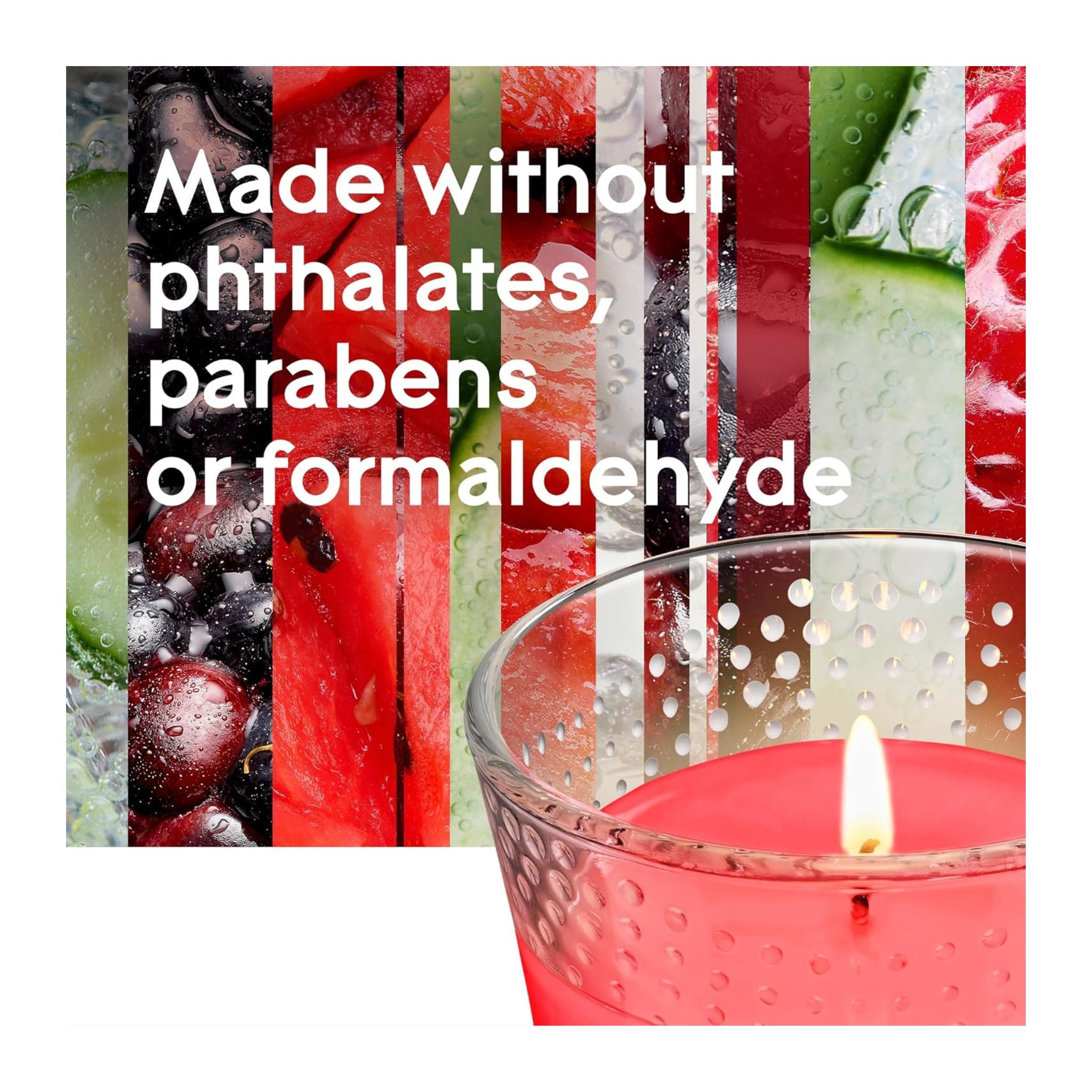 Candle in a glass holder with a colorful background and text about product ingredients.