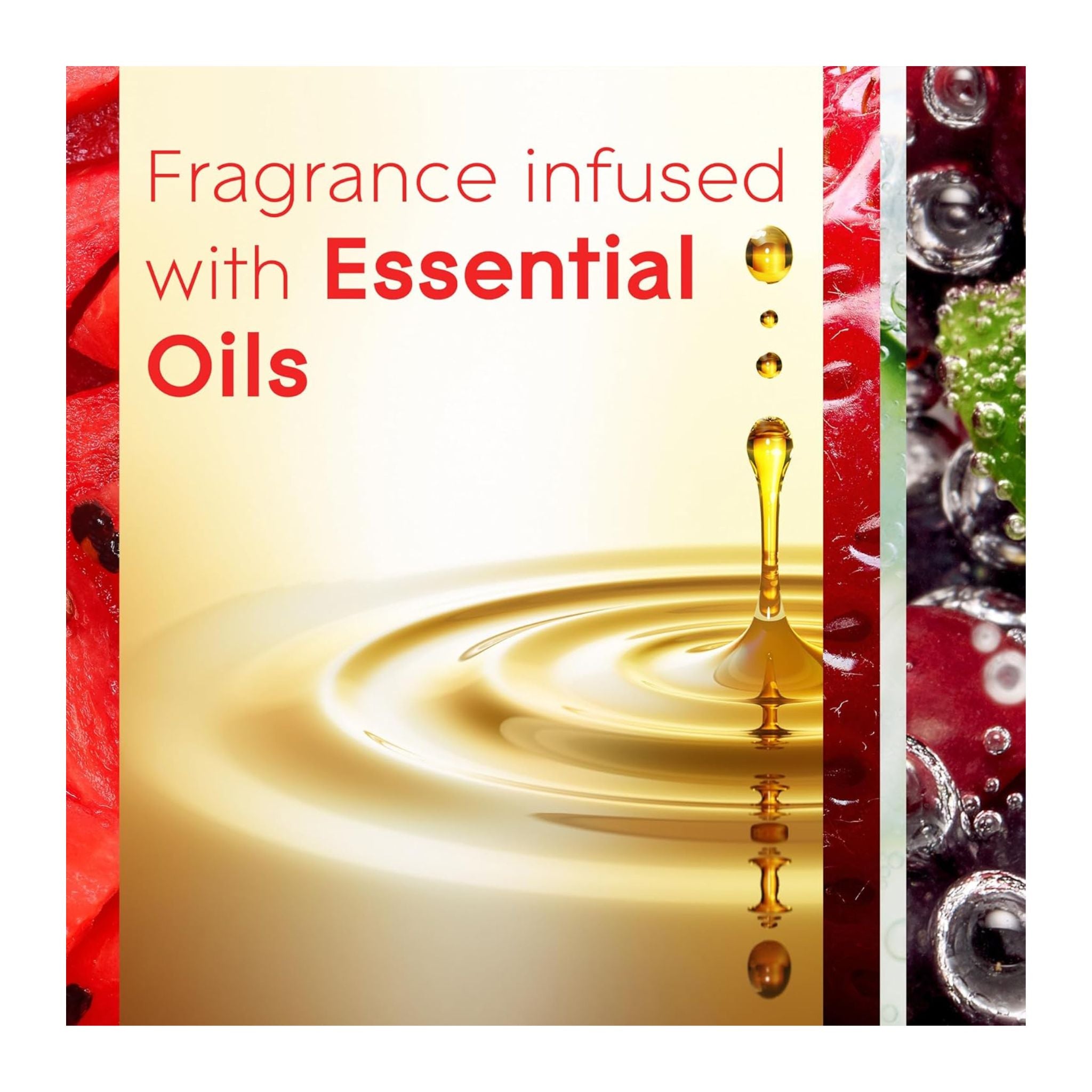 Advertisement for fragrance infused with essential oils featuring a droplet of oil on water.
