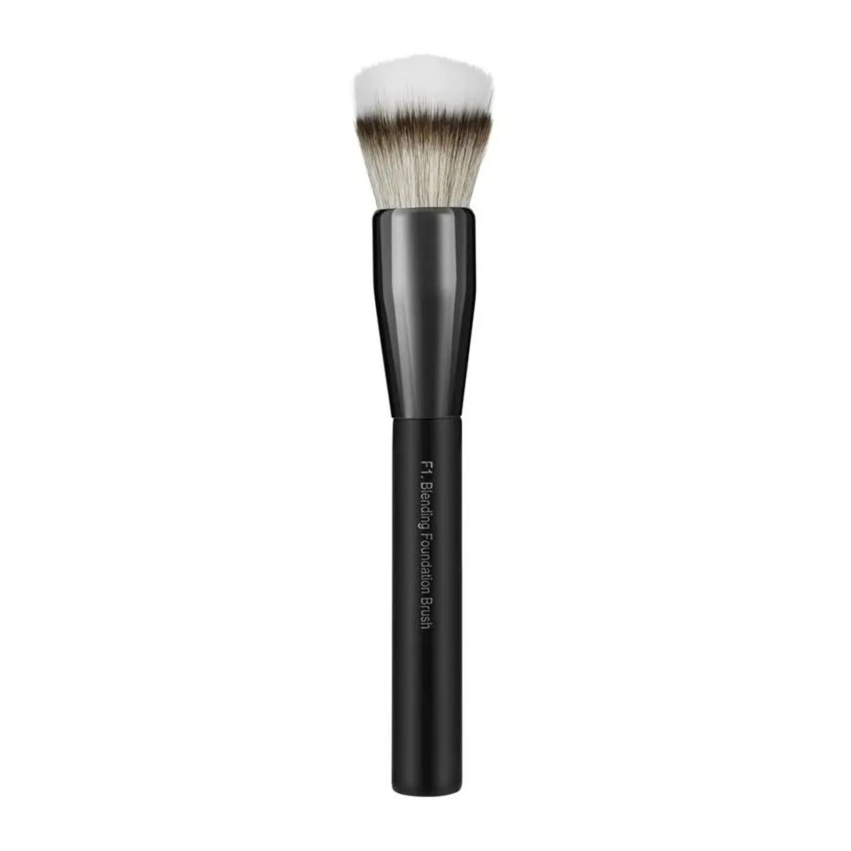 Makeup brush with black handle and white bristles on a white background