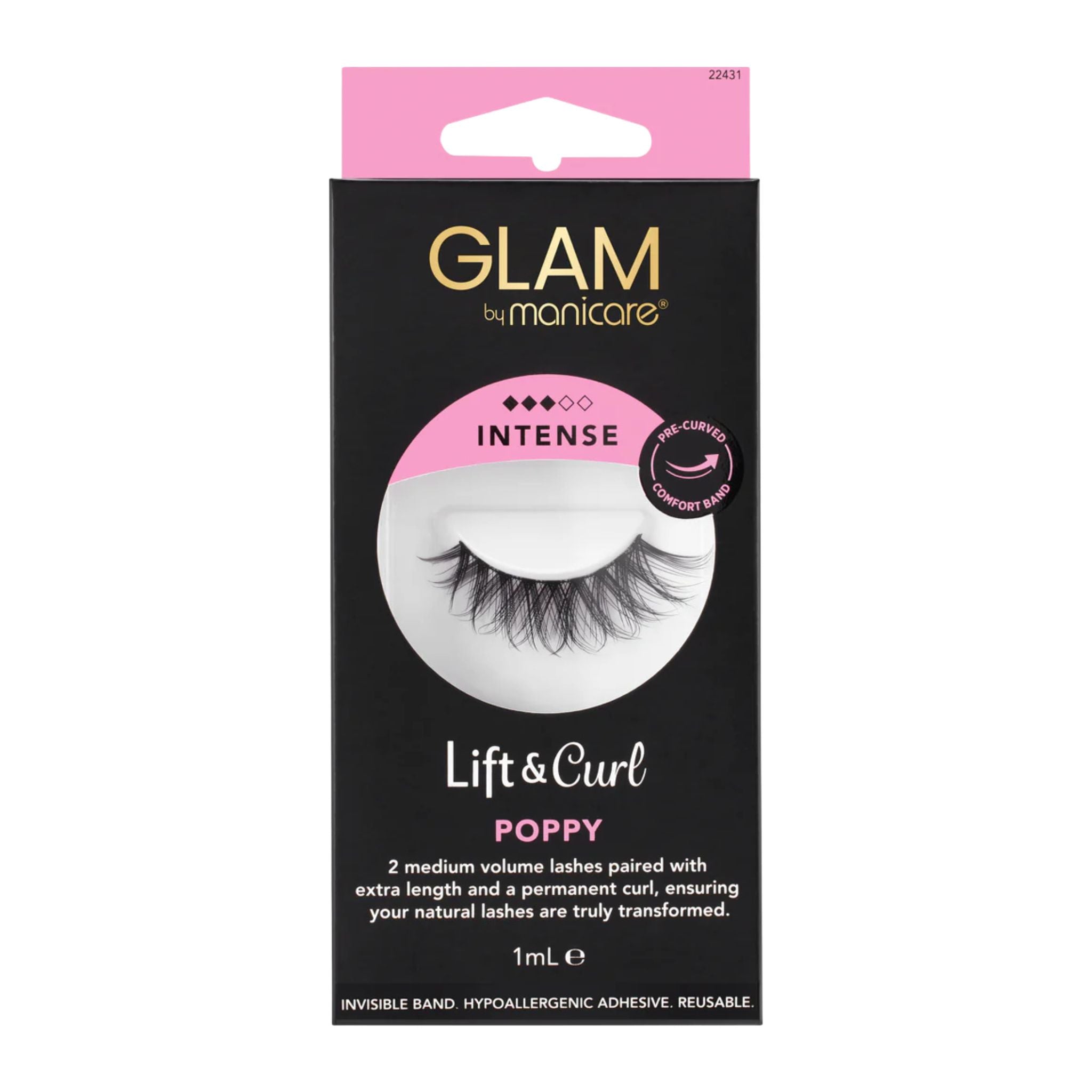 Manicure eyelash packaging with 'Glam' branding on a white background