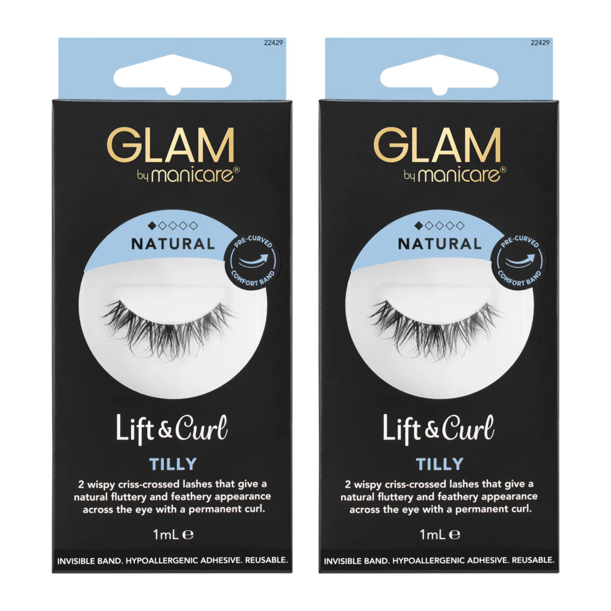 Two packages of Glam by Manicare lift and curl lashes on a white background