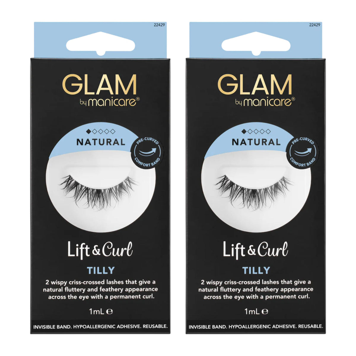 Two packages of Glam by Manicare lift and curl lashes on a white background