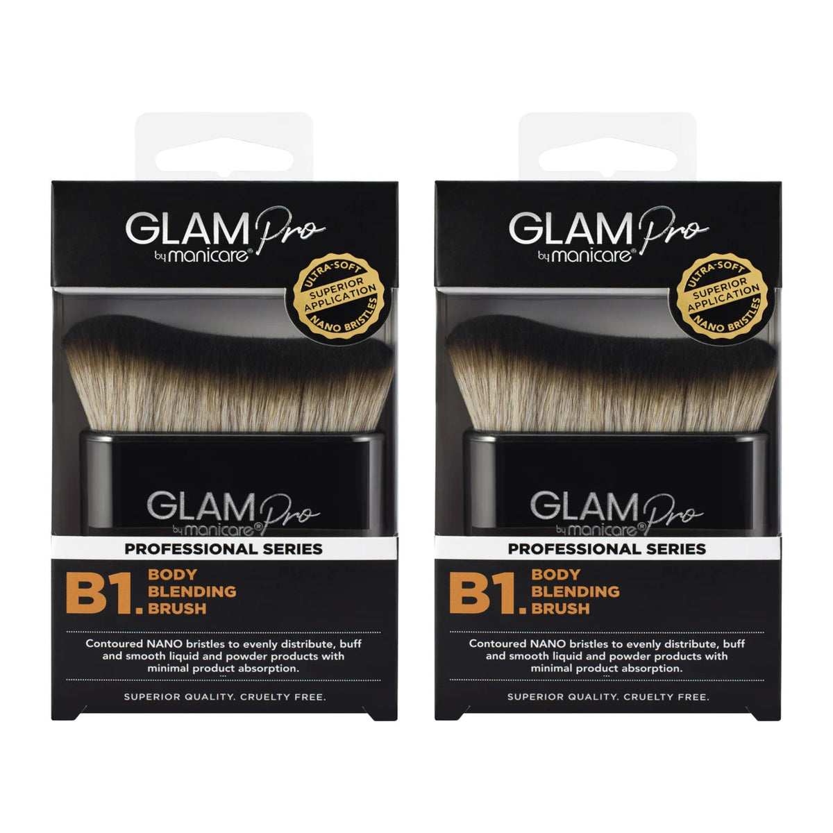Two Glam Pro by Manicare B1 Body Blending Brush packages on a white background