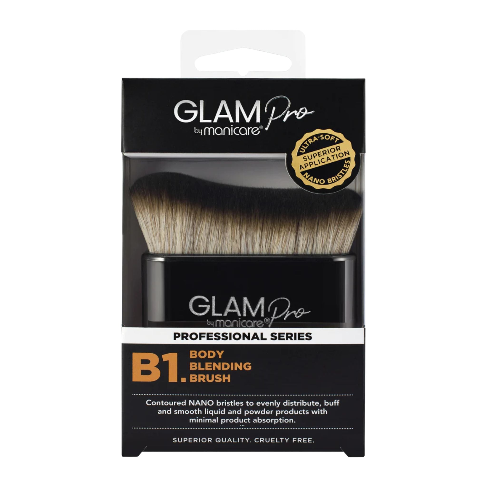 GLAM Pro by Monicare body blending brush packaging on a white background