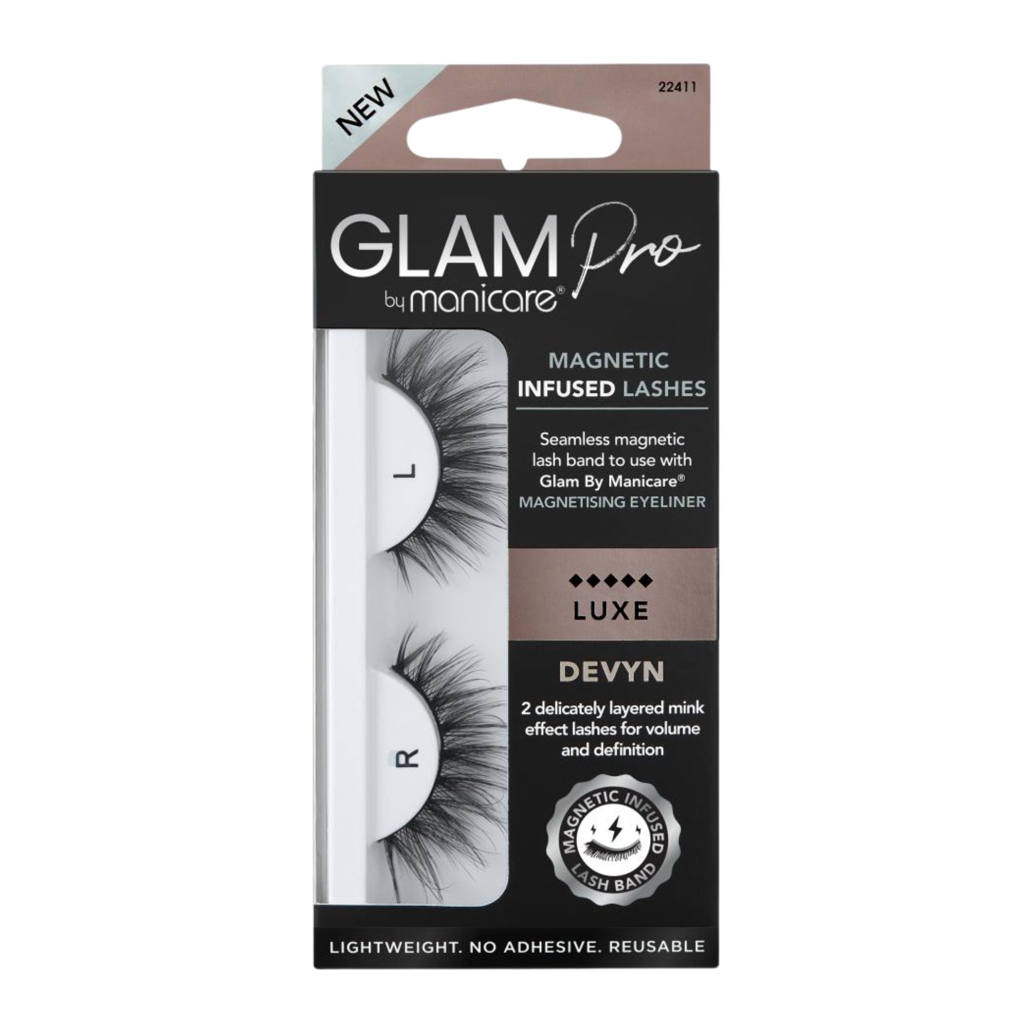 Glam Pro by Manicare magnetic eyelash packaging on a white background