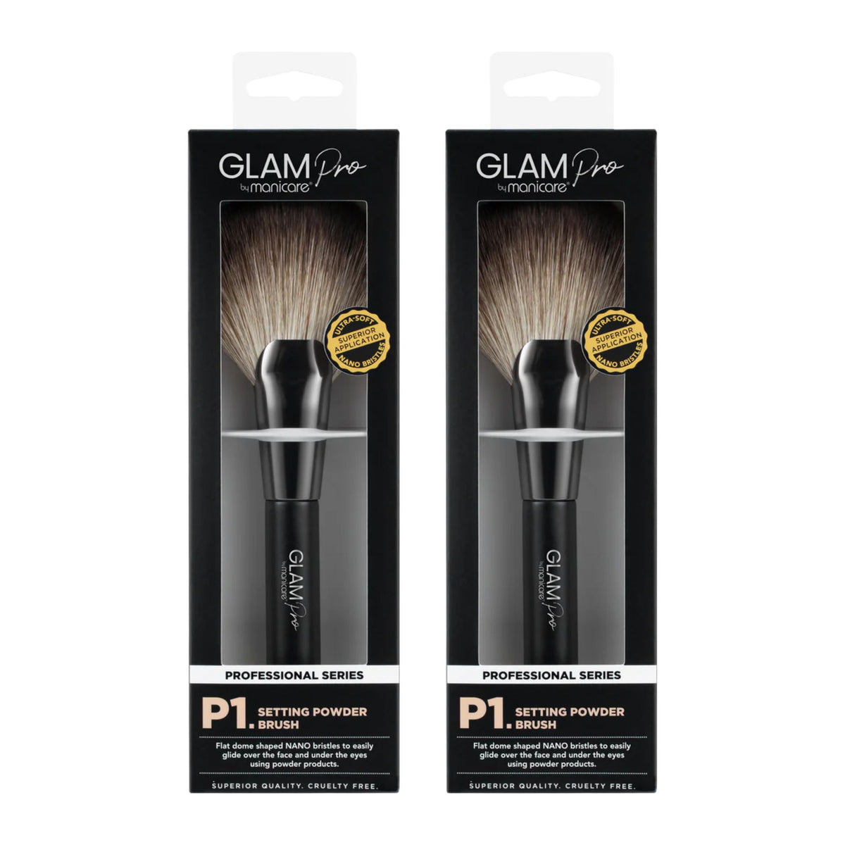 Two Glam Pro makeup brushes in packaging on a white background