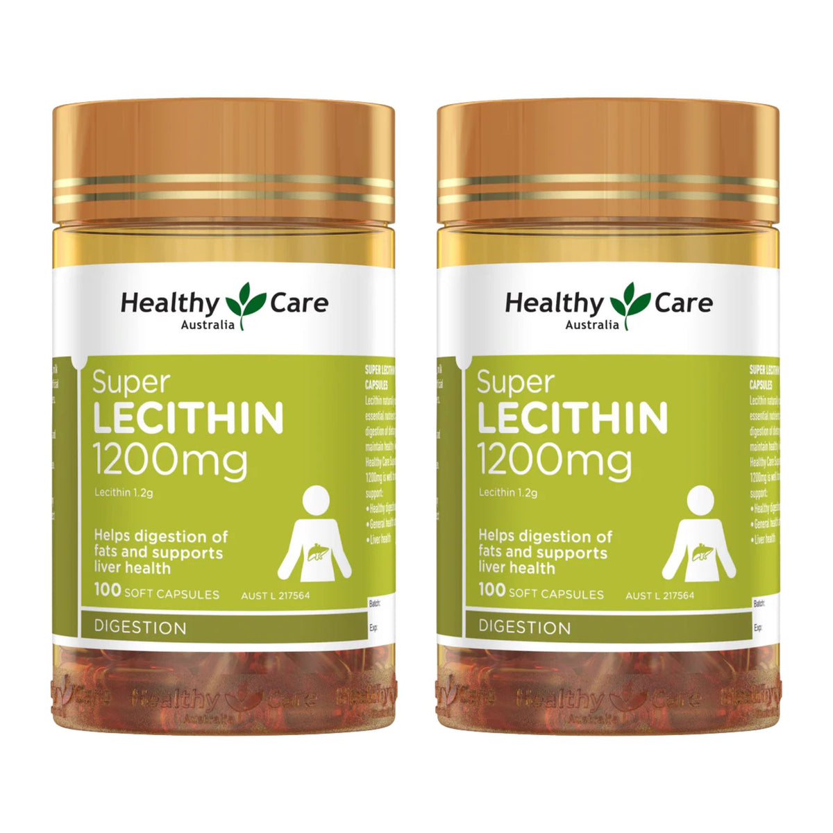 Two bottles of Healthy Care Super Lecithin 1200mg on a white background