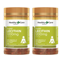 Two bottles of Healthy Care Super Lecithin 1200mg on a white background