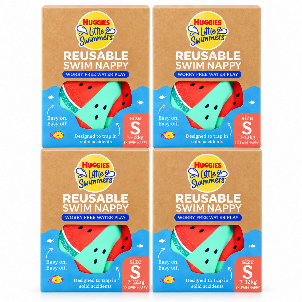 Four boxes of Huggies Little Swimmers Reusable Swim Nappy size S watermelon flavor, arranged in a 2x2 grid on a white background.